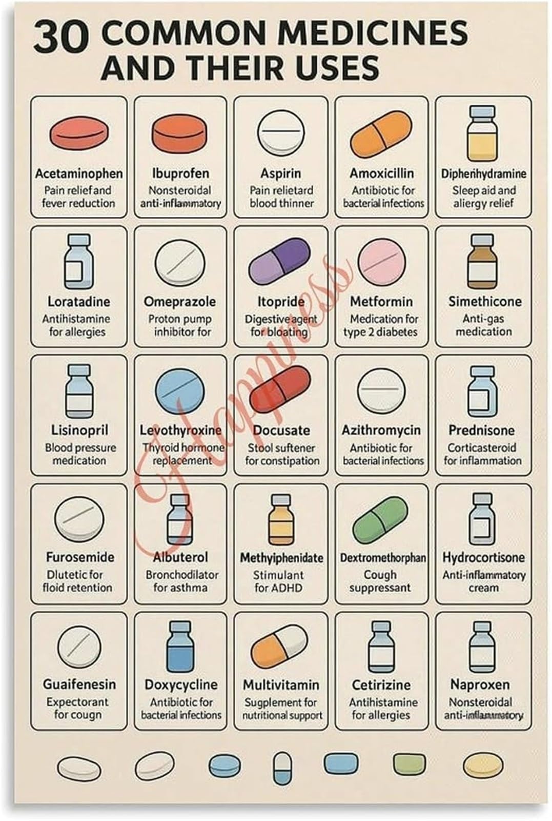 BYLSAGWHT 30 Most Common Medicines Uses Poster Drug Information Guide Educational Canvas Wall-Art Living Room Bedroom Home Decor