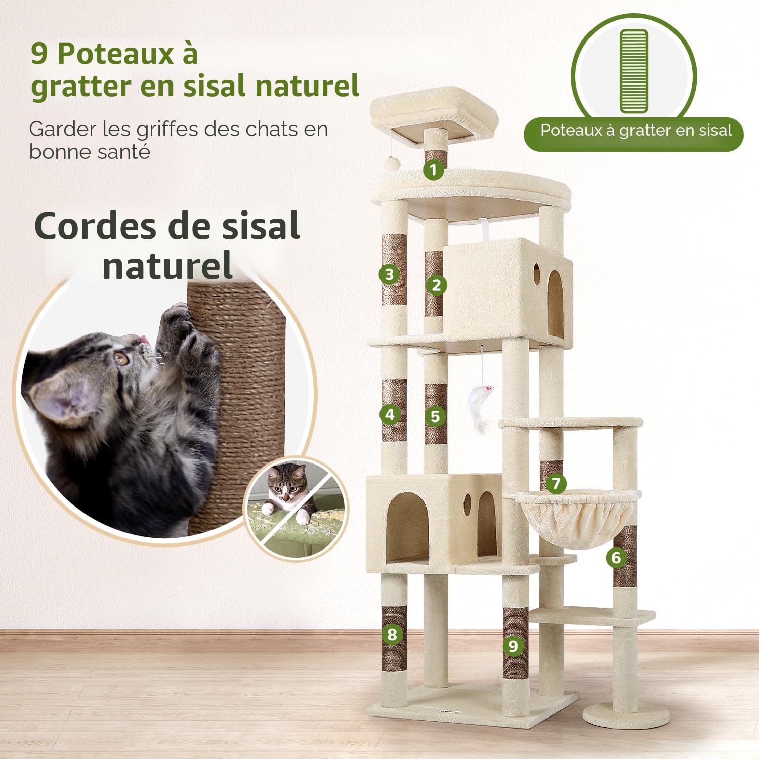 Globlazer Arbre a Chat Beige XXL 213 cm avec 2 Immense Niches, Extra-Large Plateformes, Panier, Solide Arbre à Chat pour Gros Chats Grand Maine Coon Ragdoll Adulte Repos Jeu Gratter (F83, Beige)