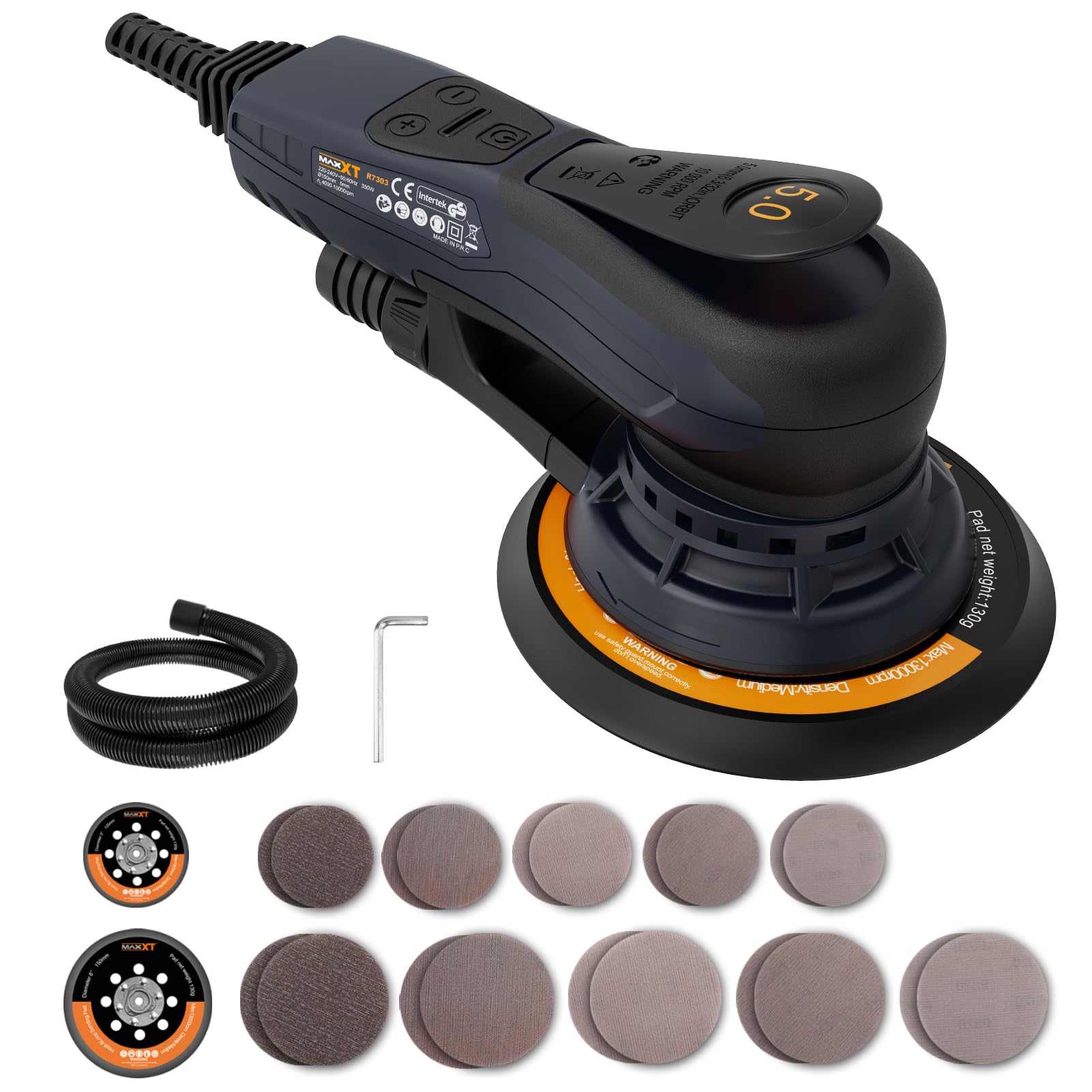 MAXXT Brushless Electric Random Orbital Sander, 5.0mm, 230V, Variable Speed, Multi-Function, 125mm & 150mm, with 10 Sanding Discs, for Woodworking