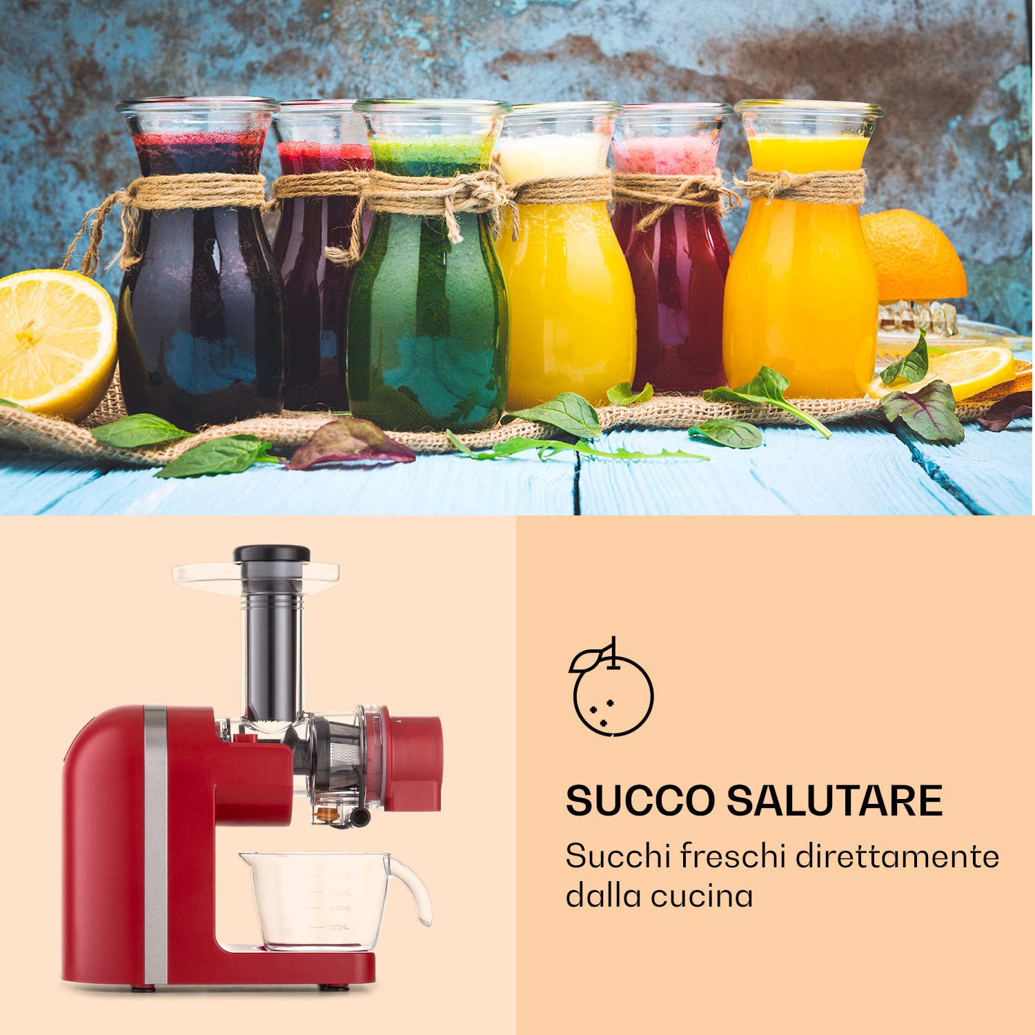 Klarstein Bella Elegance Estrattore di Succo 200 W, Pressa a Freddo Verticale, Contenitore 400 ml, Senza BPA, Base Antiscivolo, Rosso