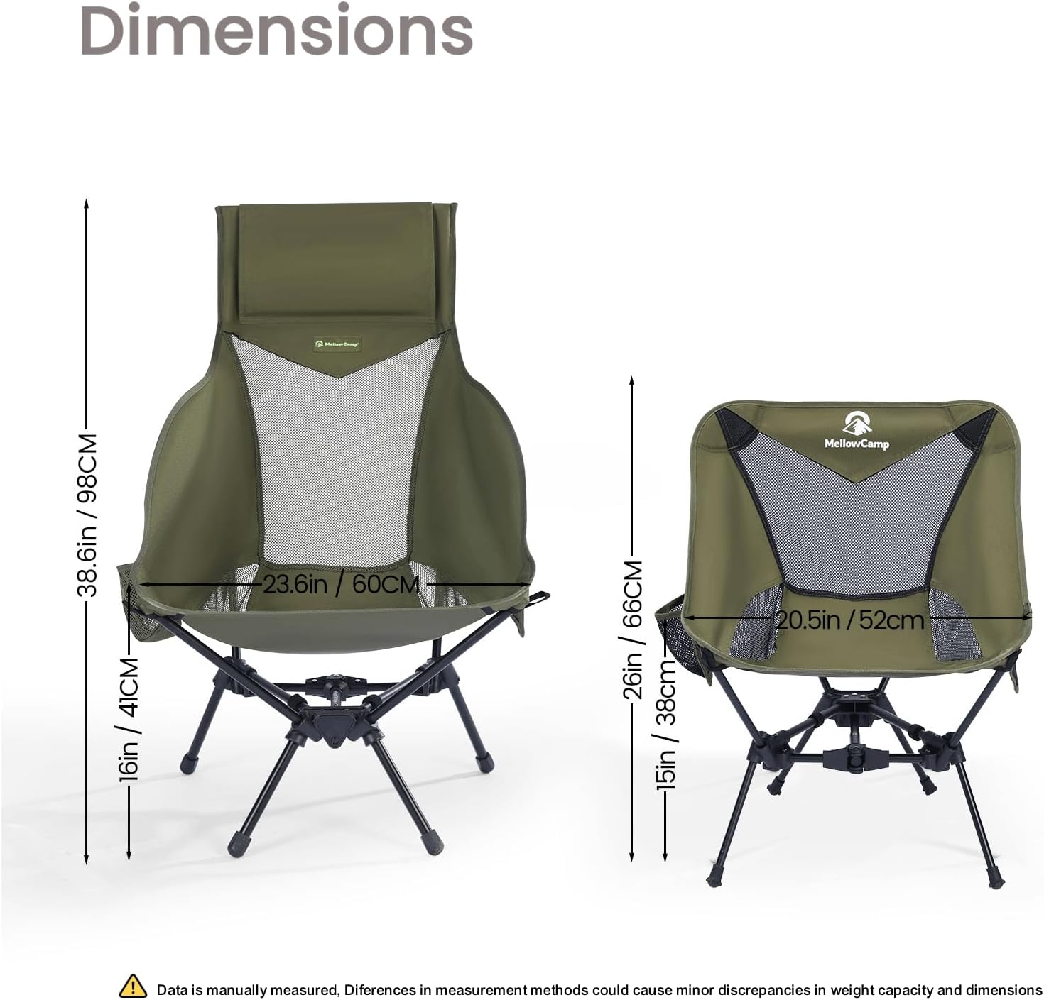 MellowCamp Folding High Back Camping Chair with Pillow, Portable Lightweight Chair Supports 374 lbs for Car Camping, RV, Tailgating, Beach, Fire Pit, Festival (Green)