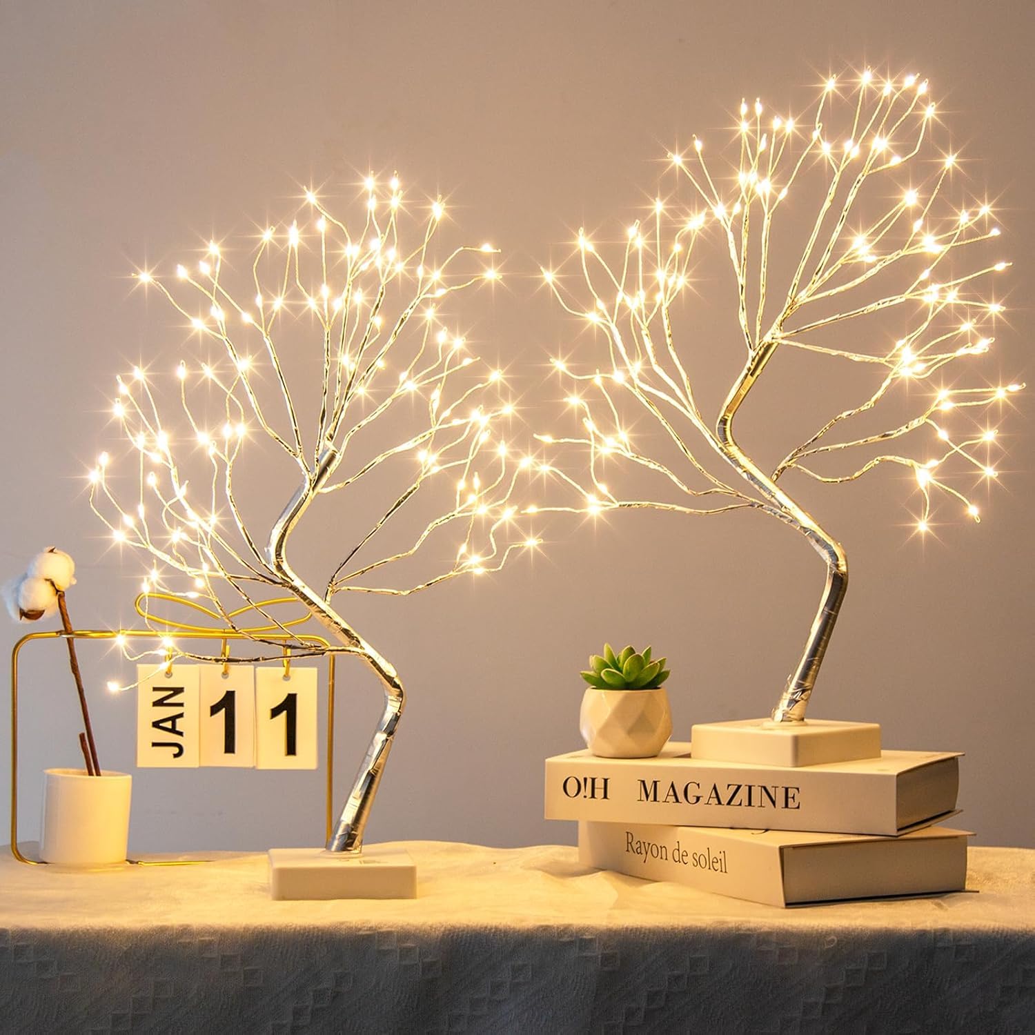 EAMBRITE Fairy Light Tree, 108 Led Light up Trees Decor Indoor, 8 Modes Fairy Light Spirit tree for Christmas Decorations, USB& Battery Tabletop Bonsai Tree for Home Bedroom Decorations (2 PK, Silver)