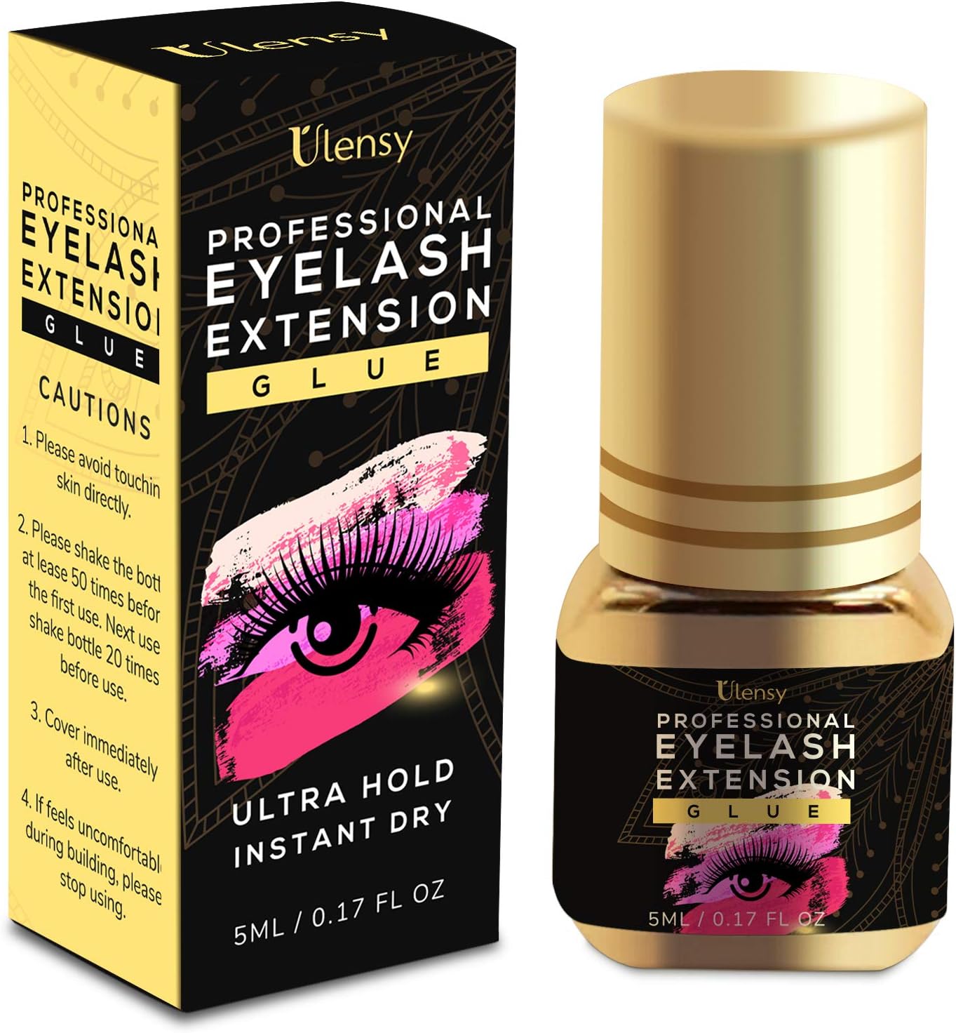 Extra Strong Hold Eyelash Extension Glue for Professional Use, Ulensy Lash 5 ml Black Adhesive | 1-2 Sec Fast Drying | Retention 7-8 Week | Extra Black Lash Adhesive Supplies