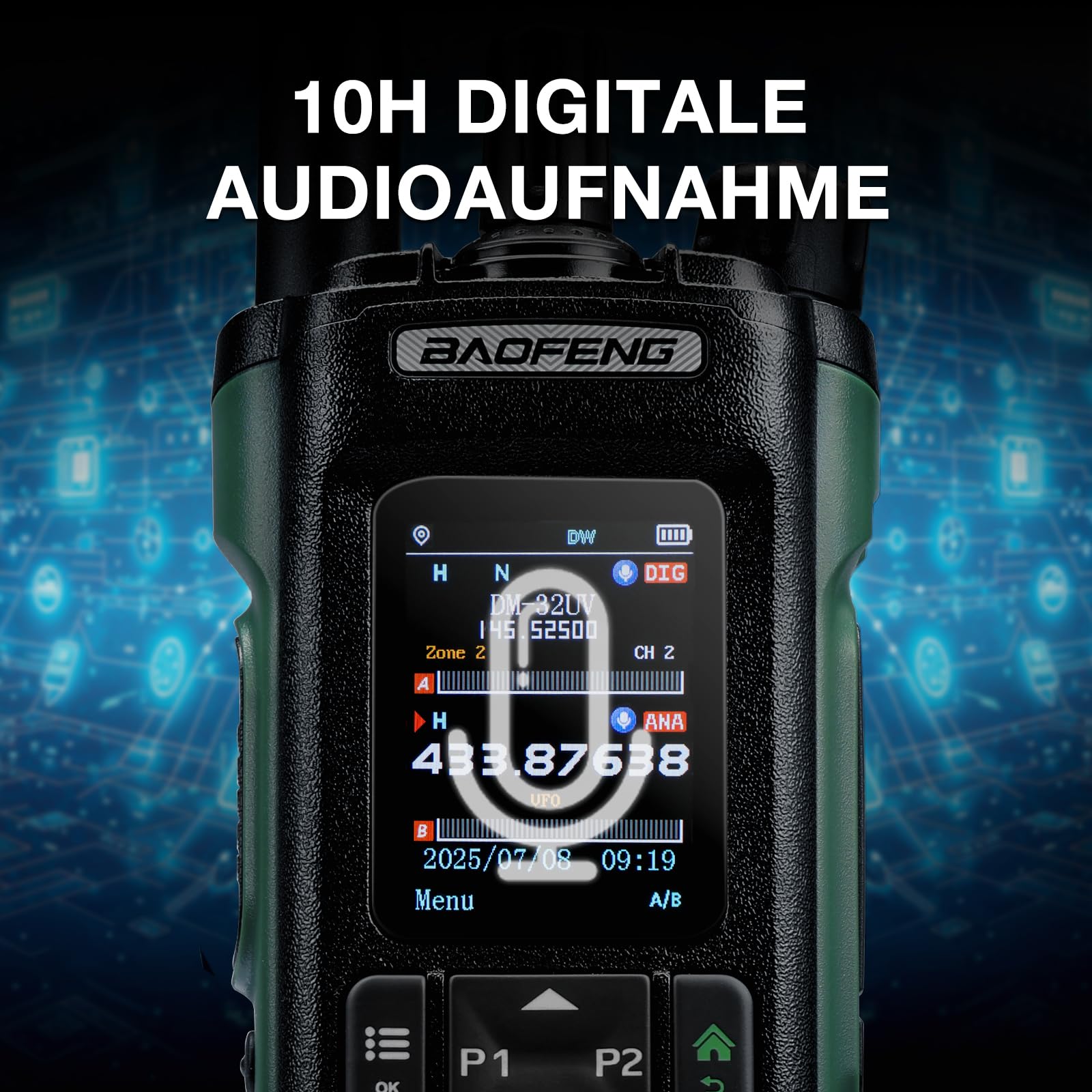 BAOFENG DM-32UV 10W DMR Funkgerät, UHF/VHF/AM/FM Handfunkgerät mit GPS & Digitalem APRS, Tier II Dual Slot, 2" Farbdisplay, 4000 Kanäle, 50K Kontakte, Kofferhalter, Grün