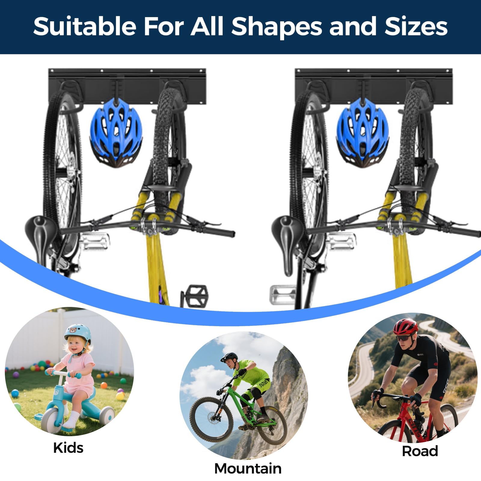 Petyoung Soporte vertical de almacenamiento de bicicleta montado en la pared, 4 soportes para bicicletas y 2 ganchos para casco para el hogar y el garaje