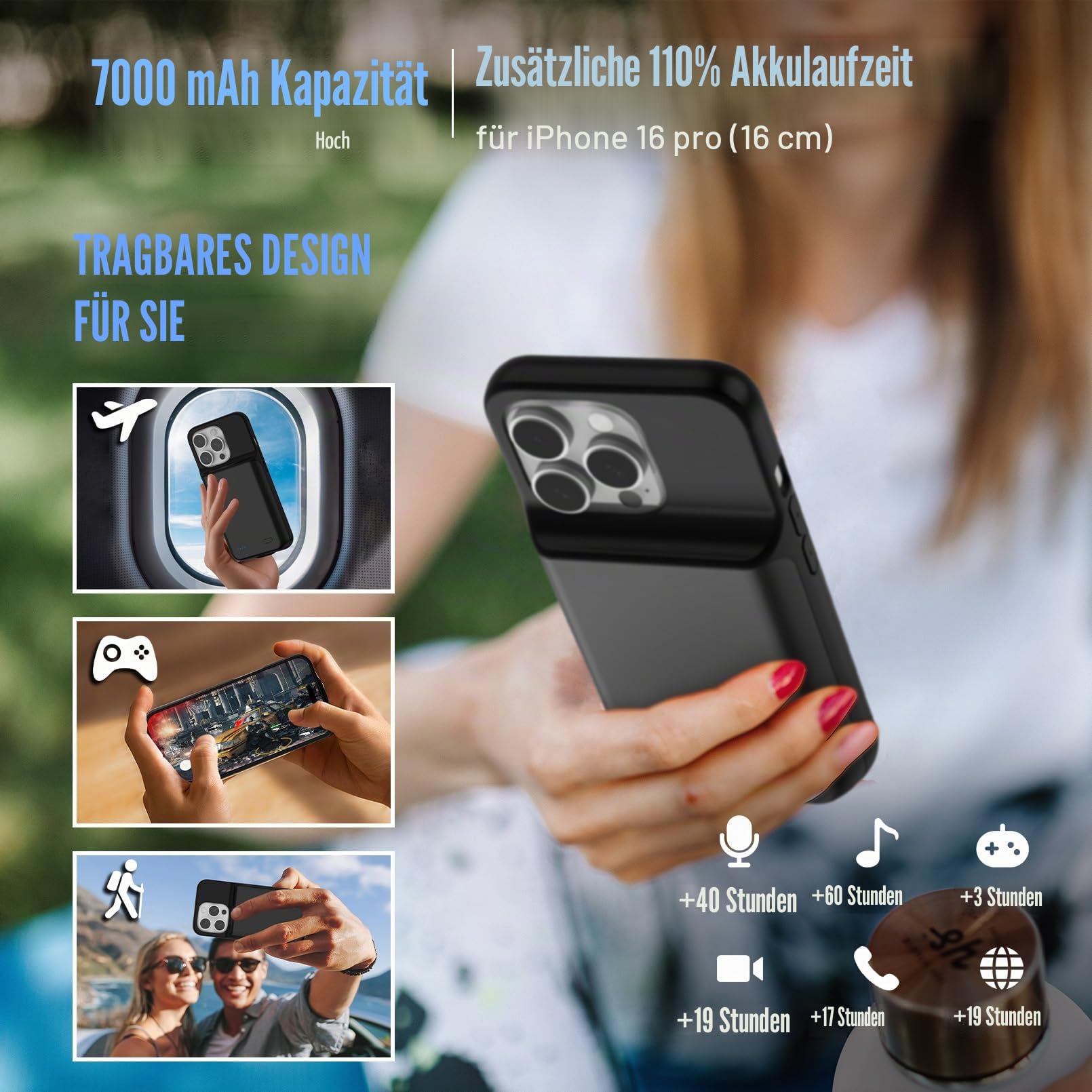 Akkuhülle für iPhone 16 Pro (6,3"), 7000mAh Powerbank Hülle ultradünn 15 W, Schnell Tragbares Ladegerät Battery Case, 360°-Schutz, Erweiterter Akku Ladehülle für iPhone 16 Pro, Schwarz