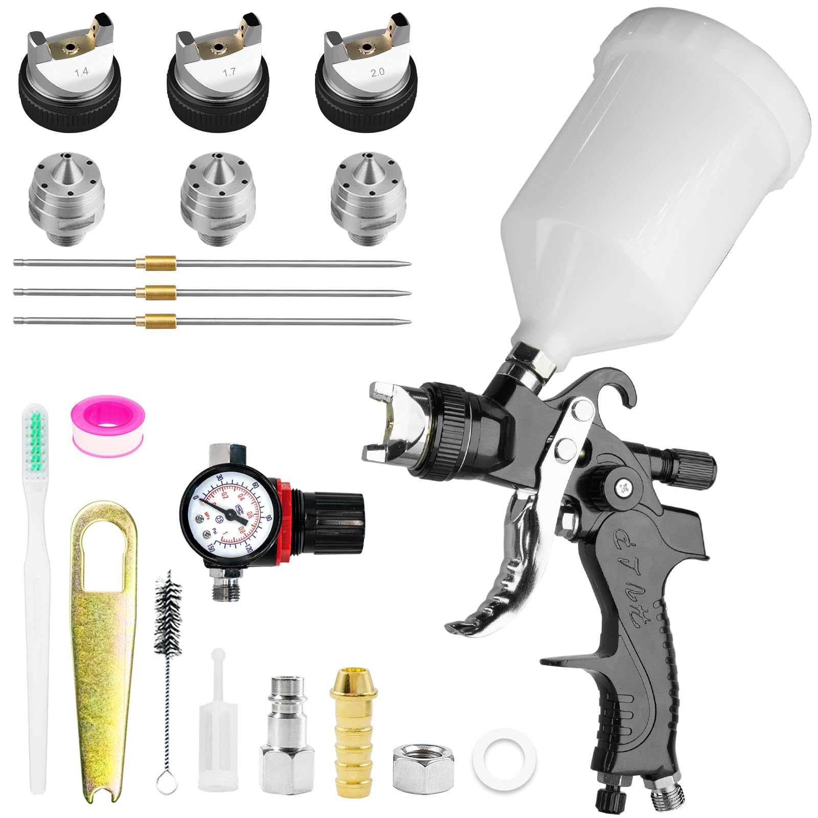 HVLP Professionnel Pistolet à Peinture Alimentation par Gravité 3 Buses (1,4/1,7/2,0 mm), Pistolet Peinture Air Comprimé 600 ML, HVLP Meubles de Voiture réparation