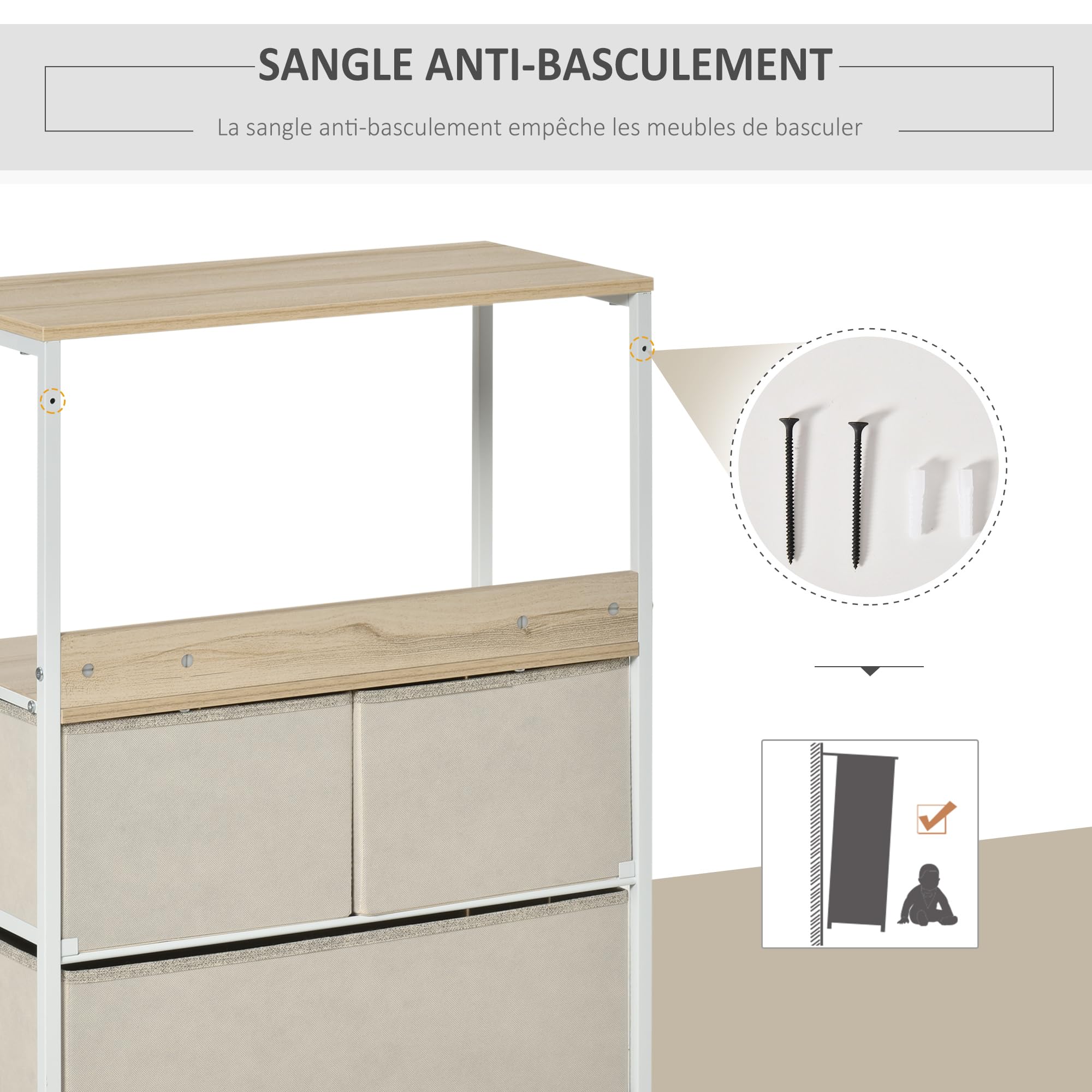 HOMCOM Commode 3 Tiroirs Tissus 58L x 29P x 81,5H cm Naturel et Métal Blanc