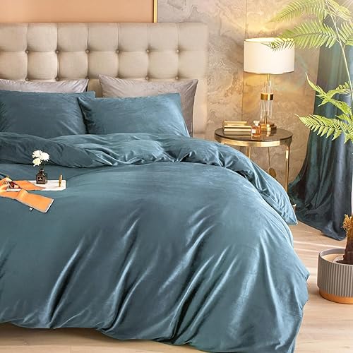 HYBD Juego de funda de edredón de terciopelo tamaño King, fundas de edredón azules de 3 piezas con cierre de cremallera, juego de funda de edredón