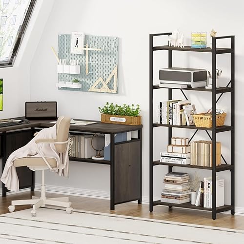 Miniatura 5 de FATORRI Estantería industrial de 5 niveles estantería abierta rústica para exhibición estantería de madera oscura y metal y estantes altos para