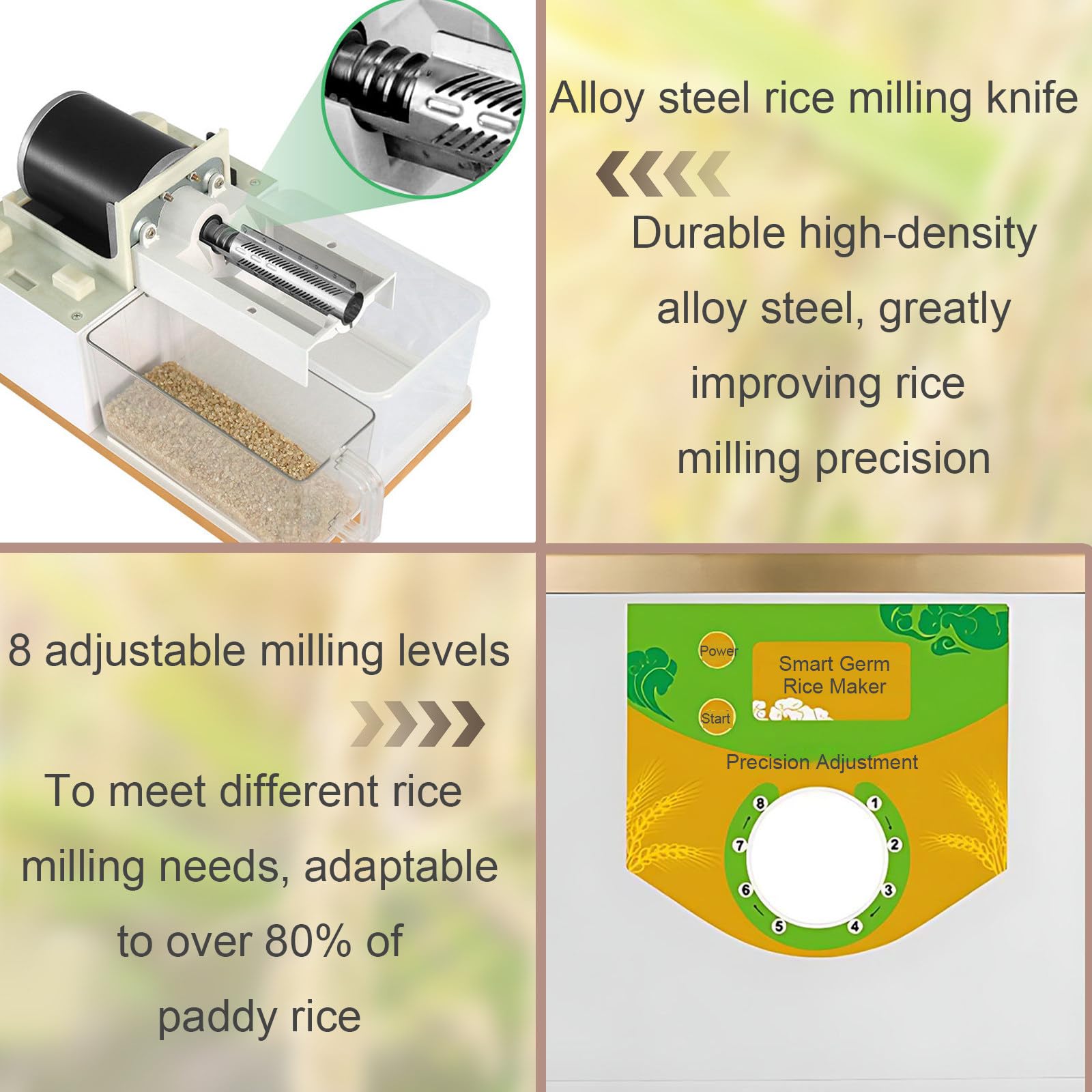 Fresatrice per riso - Regolabile a 8 livelli, resa 250-500g/min, arresto automatico continuo, separazione automatica di riso e crusca