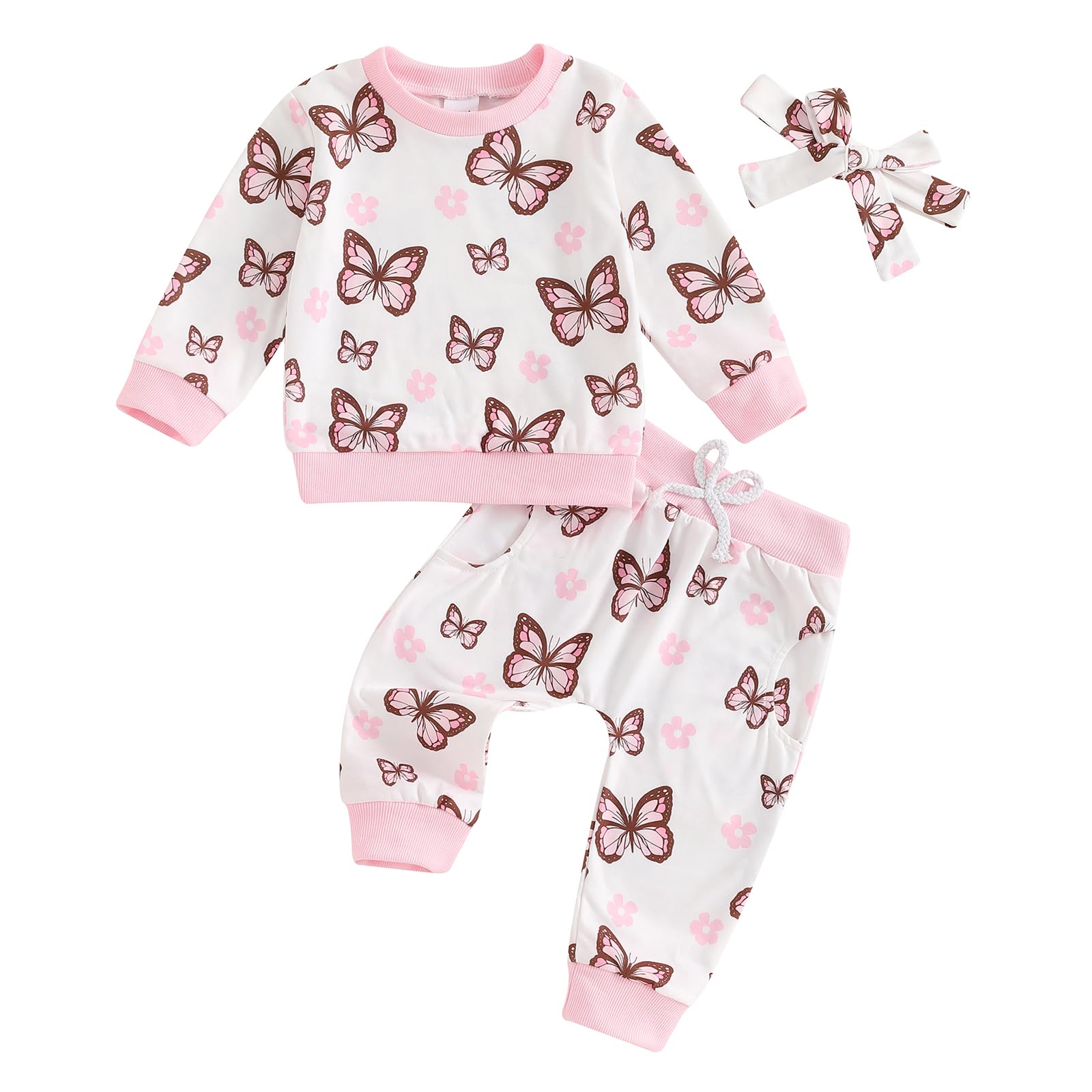 Bonangber Toddler Girl Fall Clothes Butterfly Print Long Sleeve Sweatshirt Pullover Top Casual Pants Cute Baby Girl Clothes(B-Pink,2-3T)