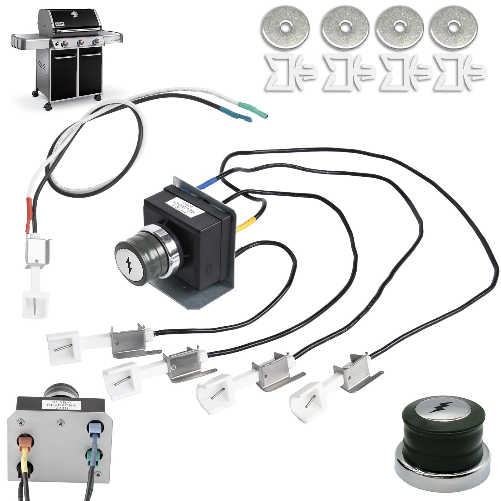 Photo 1 of 1836-13 7628 7629 Igniter Kit for Weber Genesis 300 Series Front-Control Grills Genesis E/S 310 320 330, Universal 4-Outlet Starter Module & Button Switch Replacement for Weber 88826 65946 65942 Parts