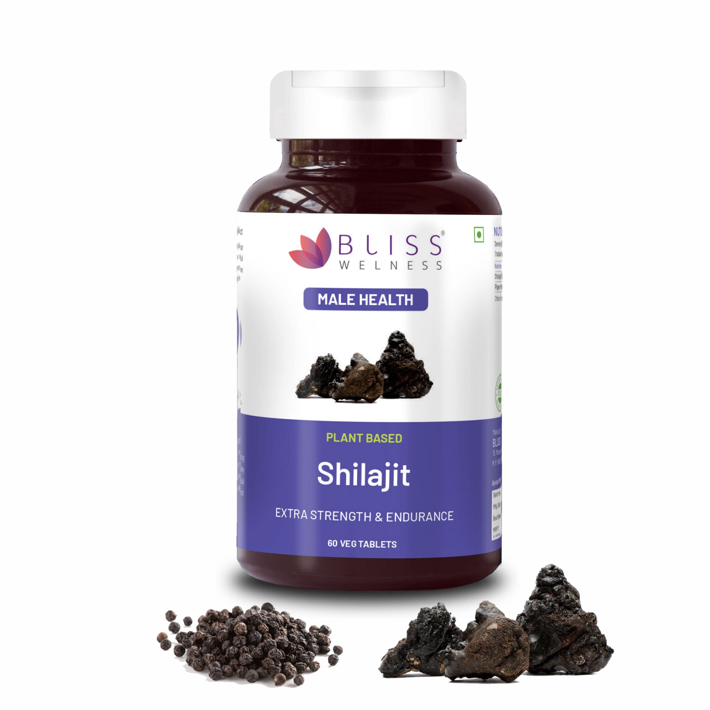 Bliss Welness Pure Himalayan Shilajit Extract | Shuddh Shilajeet 1000mg | Enhanced Stamina Power Strength Vitality Vigor & Endurance Performance Booster Ayurvedic Herbal Supplement - 60 Veg Tablets