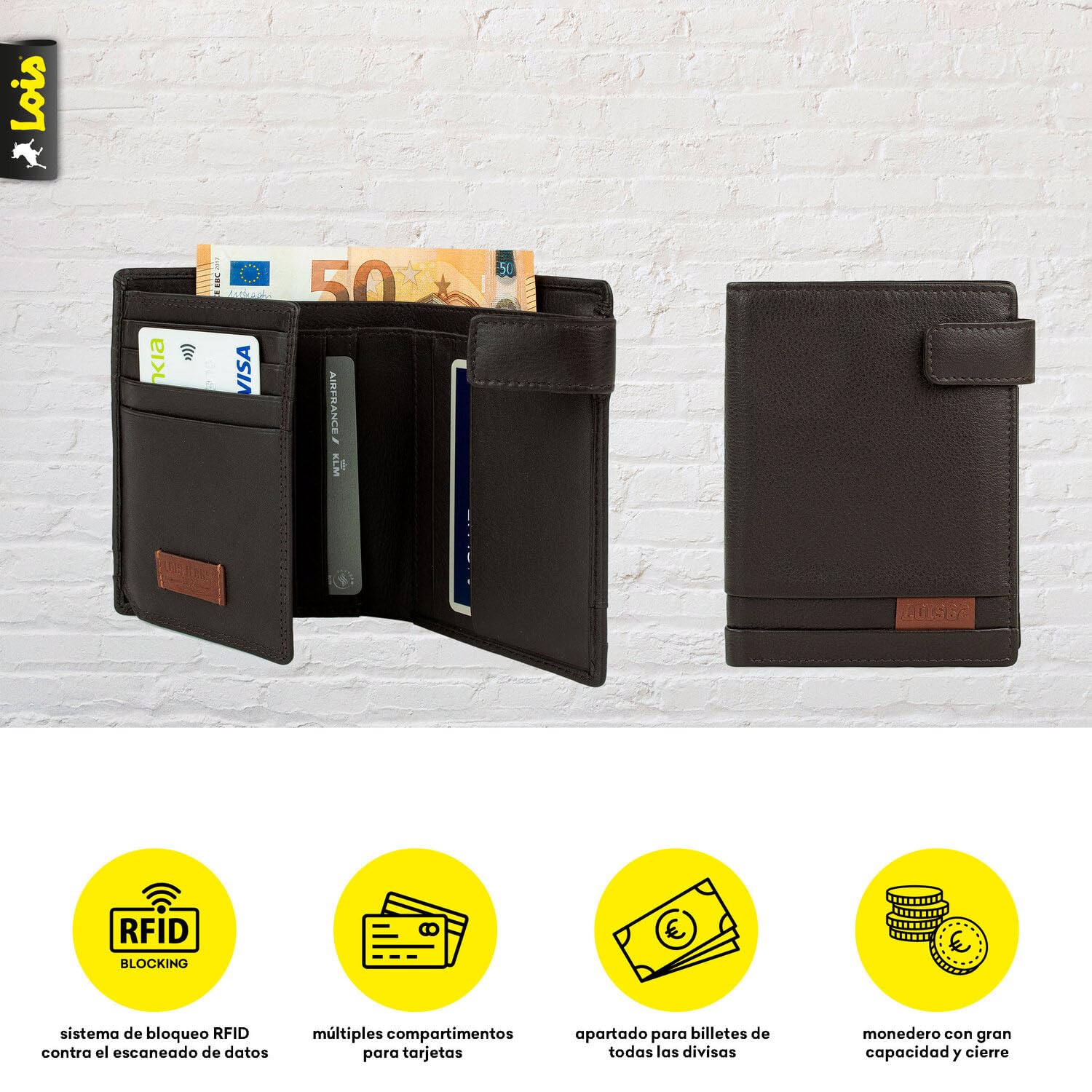 Lois - Carteras para Hombre Piel. Billeteras para Hombre. Cartera Hombre Piel con Monedero y múltiples Compartimentos, billeteras y monederos. Cartera Hombre. RFID, Marron