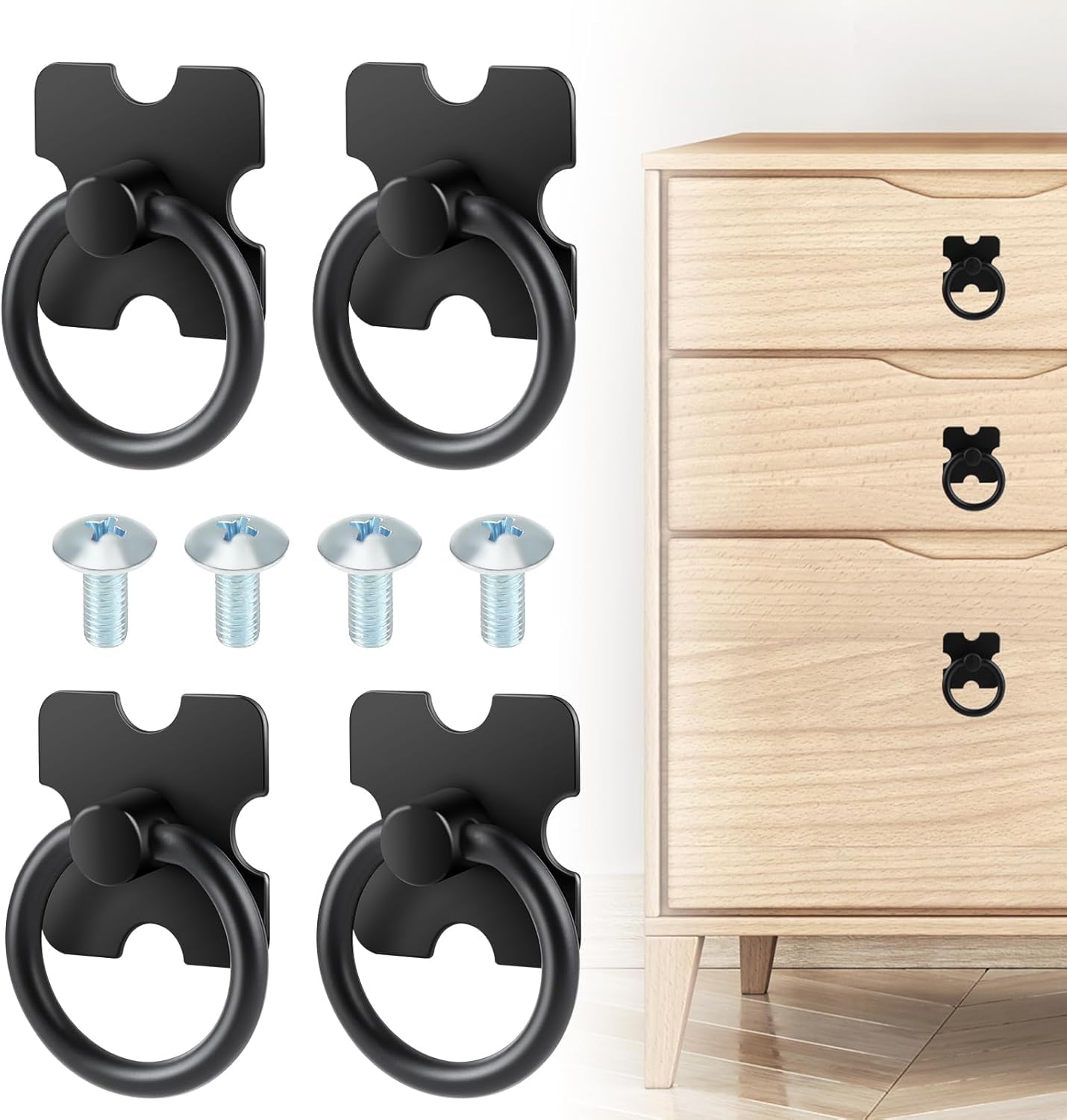 Taoduod4 pcs Drawer Handles and Ring Pull Vintage Drawer Knobs Pulls Handles Black Single Hole Ring Cabinet Handle TV Cabinet Drawer Handle with 4 Screws for Cabinet Wardrobe Cupboard Dresser
