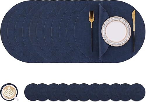 Miniatura 10 de Homaxy - Juego de 6 manteles individuales redondos de piel sintética y posavasos, lavables, de doble cara, manteles individuales de mesa, manteles