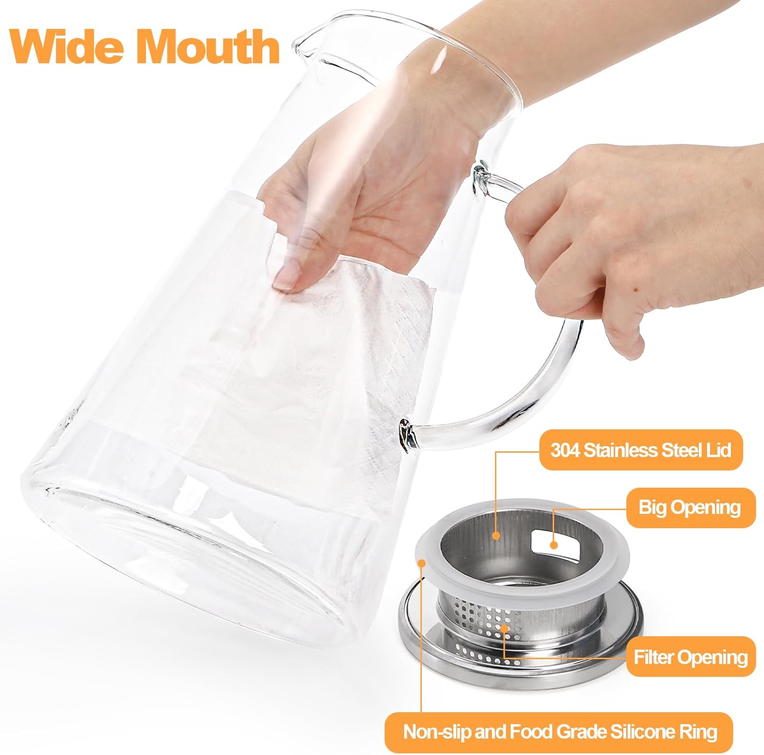 Nicunom 2 Pack 68 oz Glass Pitcher with Lid, BPA-Free Glass Water Jug Carafe Heat Resistant Ice Tea Pitcher for Juice, Sangria, Lemonade, Milk, Coffee, Cold and Hot Beverages - Image 3