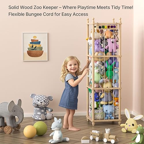 Miniatura 10 de Almacenamiento de animales de peluche, estante de madera suave, organizador de habitación del bebé, jaula de zoológico para animales de peluche con