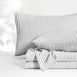 Wake In Cloud Striped Bed Sheets, 4-Piece Sheet Set, Ticking Vertical Pin Stripe Modern Farmhouse Pattern Printed Bedding, Deep Pocket, Gray White, Queen Size