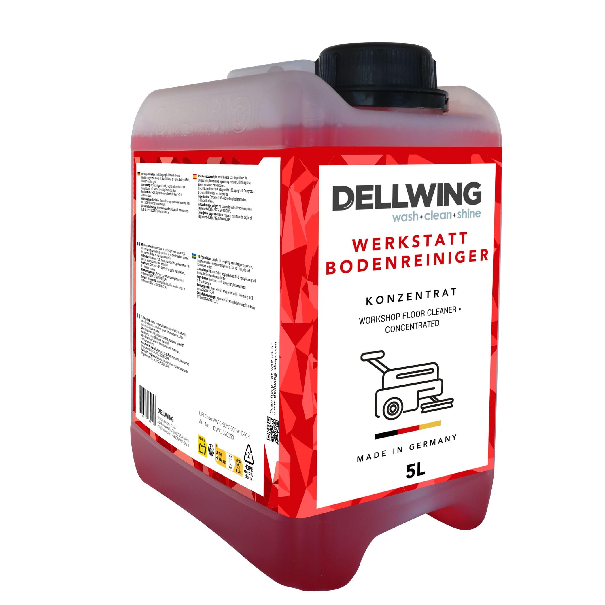 Dellwing Detergente per pavimenti officina 5 l, concentrato alcalino HD per pavimenti unti e oleosi, detergente industriale, Made in Germany