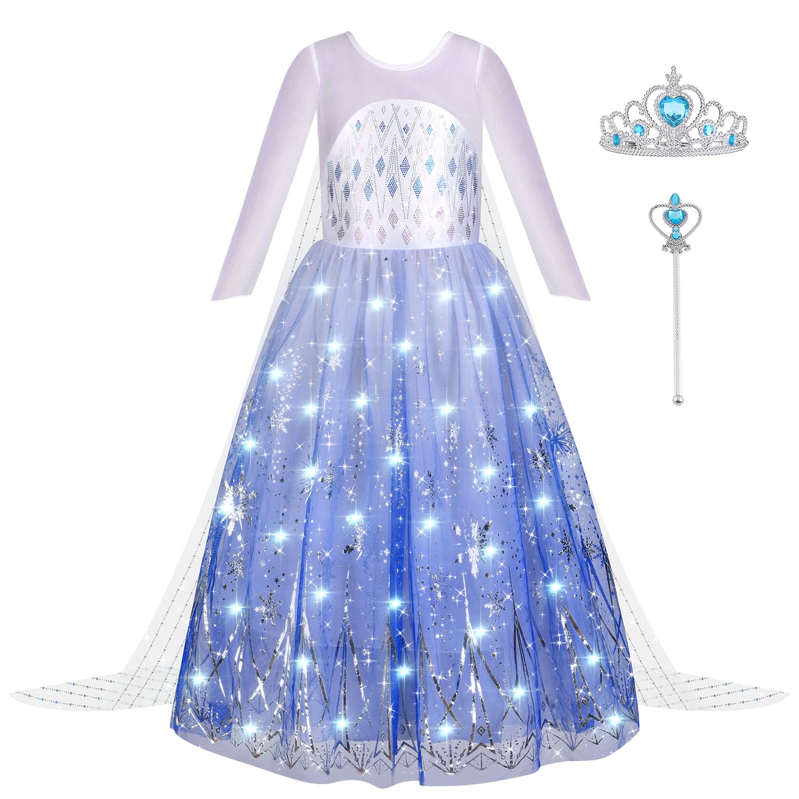 Aomig Princess Costume for Girls, Light Up Princess Dress for Girls, Light Up Girls Purple Dress with Blue Crown Scepter, Princess Fancy Dress for Kids Halloween Costumes Christmas Cosplay Gift 2-8Y