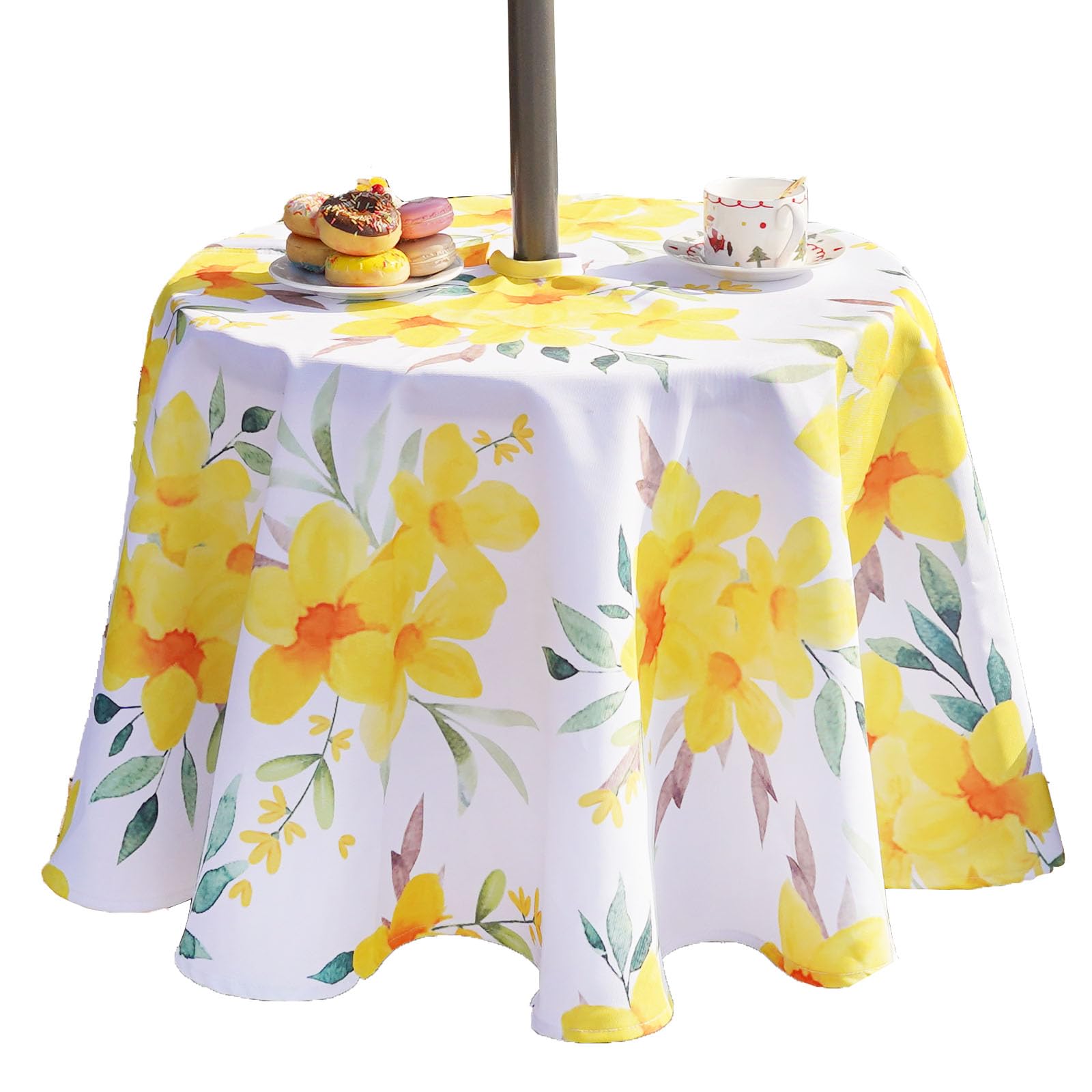 Eternal Beauty 152cm Round Yellow Flower Indoor Outdoor Splashproof Tablecloth with Umbrella Hole and Zipper for Patio Garden Party and BBQ (60")