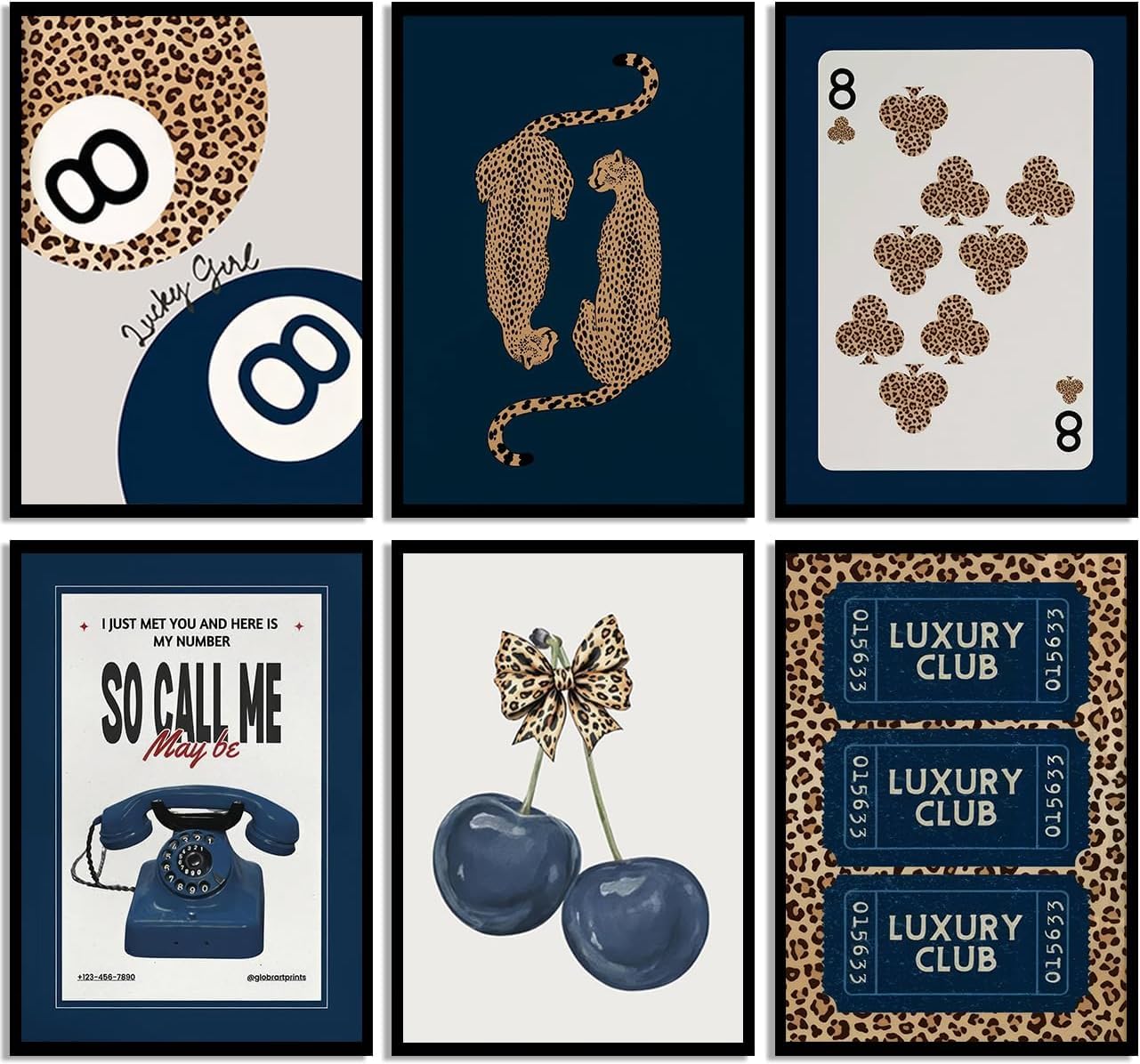 6 Pcs Trendy Navy Wall Art Cheetah Poster Wall Decor Funky Lucky 8 Ball Prints Trendy Preppy Aesthetic Painting Blue Bow Girly Pictures Decoration for Girls Room Dorm Apartment 30X40cm Unframed