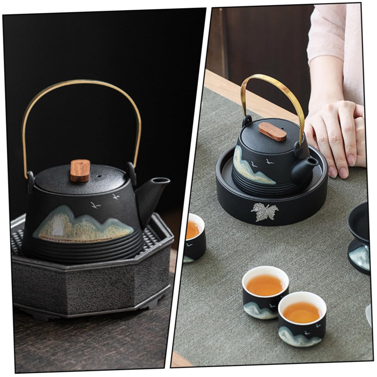 BESTYASH Tetera Juego de Té Creativo de Cerámica Negra Pintada a Mano Mango Frío y Adorno Vintage Hogar y Salón de Té Profesional