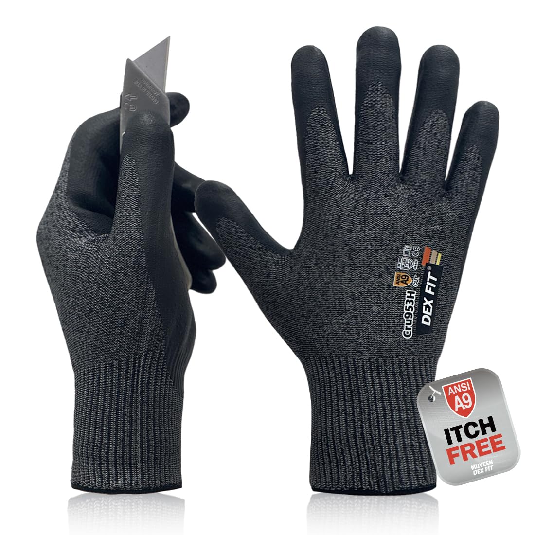 DEX FIT Cru953H Level A9 Cut Resistant Gloves, Fiberglass-Free, Power Grip Foam Nitrile, 3D Comfort Fit, Touchscreen, 13-Gauge for Sheet Metal, Stamping, Glass, Recycling; Blackgrey XS 1 Pair