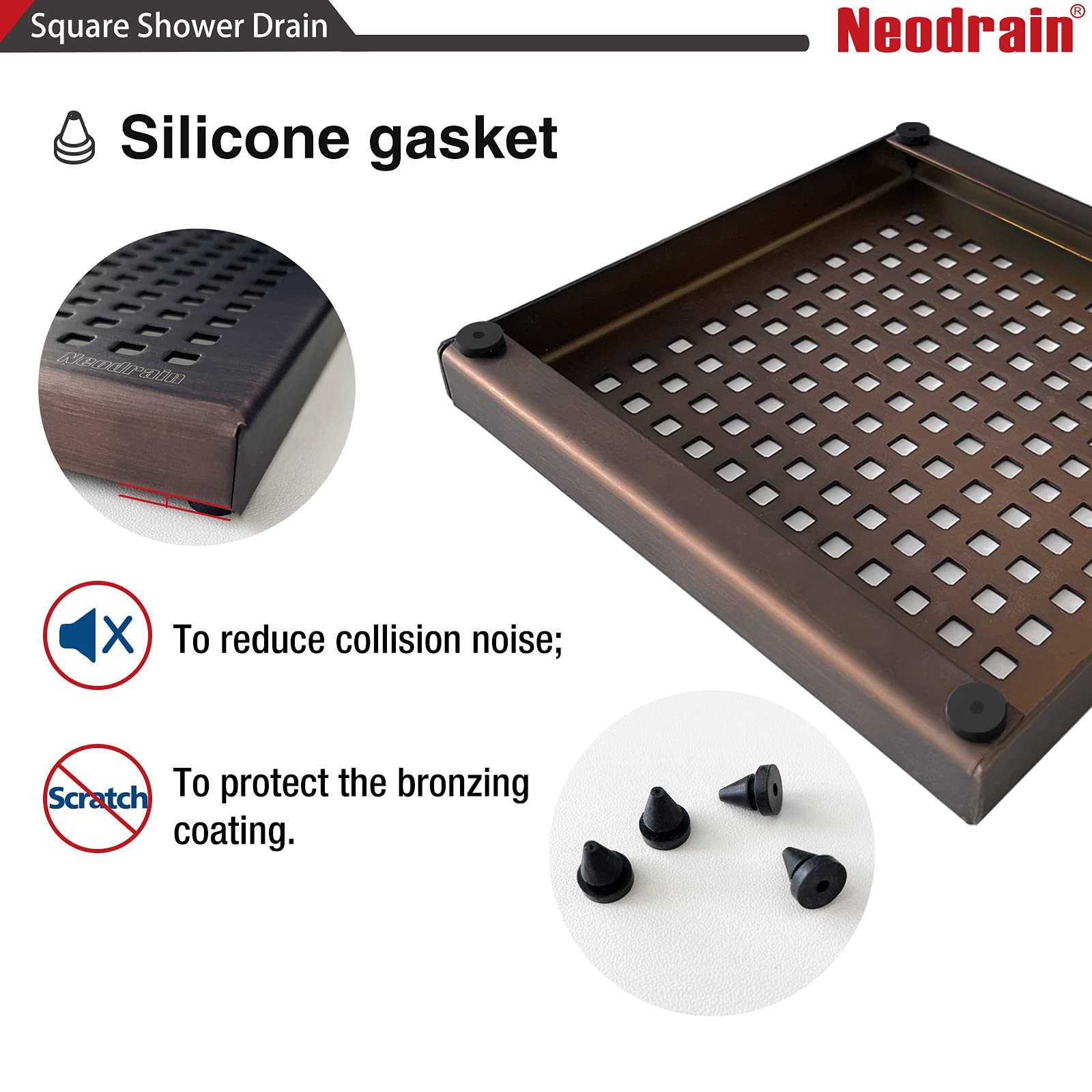 Drenaje cuadrado de 6 pulgadas con rejilla extraíble de bronce aceitado, base de drenaje de PVC y junta de goma, drenaje de 6 pulgadas con certificación WATERMARK y CUPC, incluye colador de pelo. 7