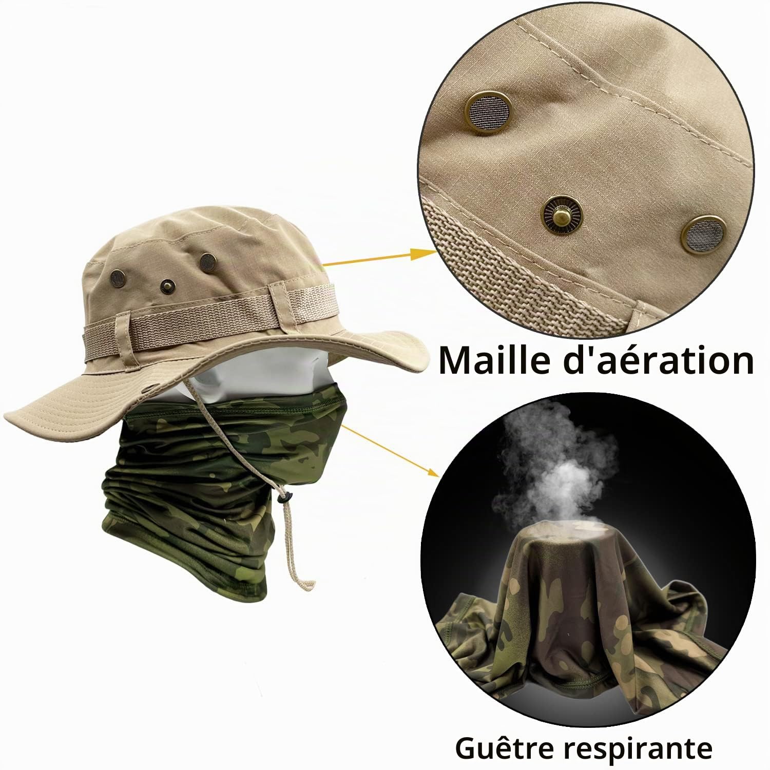 ehsbuy Chapeau de Soleil Hommes à Large Bord Camo Chapeau Homme Visage Écharpe Camouflage Militaire Armée Chapeau Seau Safari Chapeaux de Randonnée Chasse Plage Cap