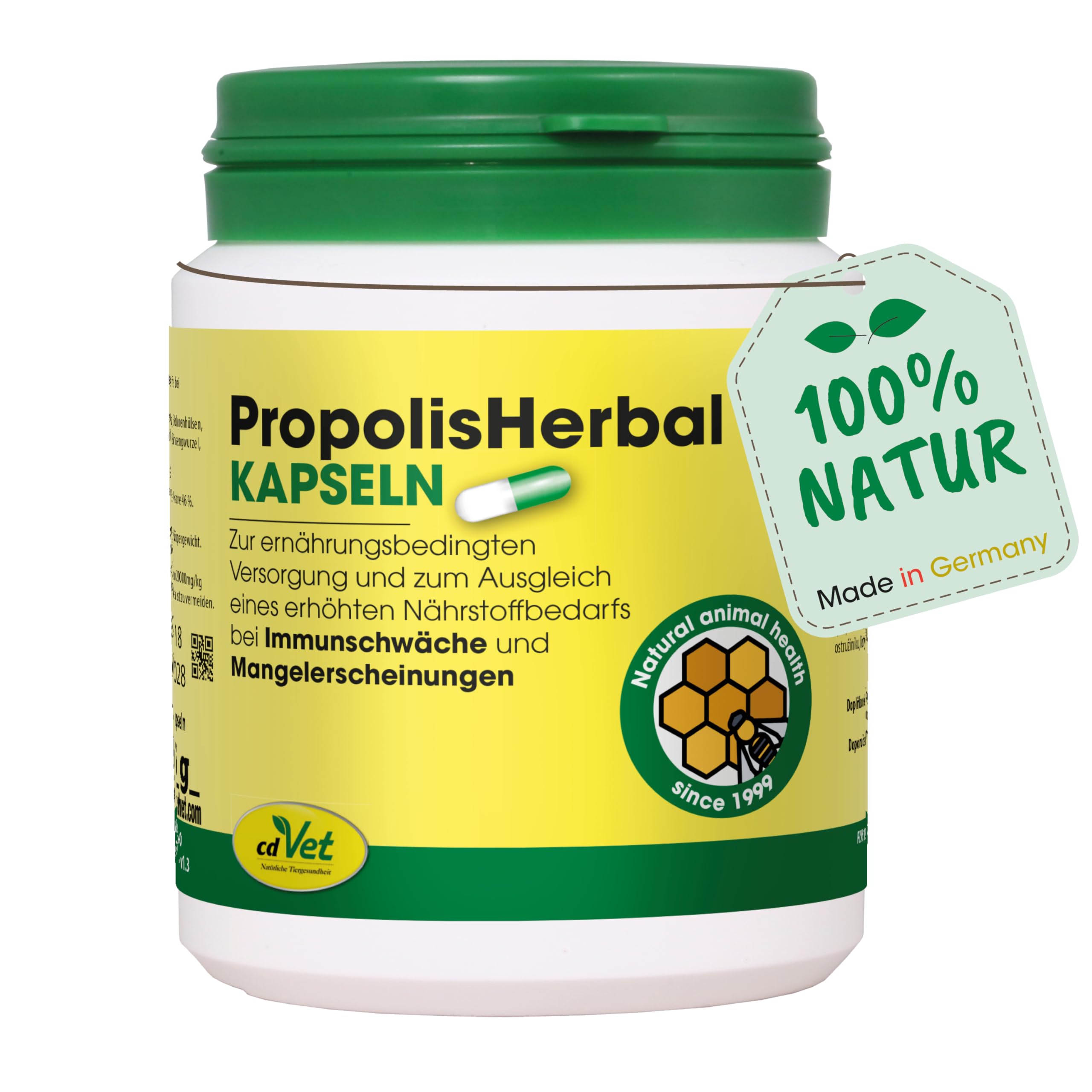 cdVet Naturprodukte PropolisHerbal 100 Kapseln - Hund, Katze, Kleintiere - Ergänzungsfuttermittel - Stärkung des Immunsystems + Vitalität für den Organismus - Vitaminversorger - Organunterstützung -