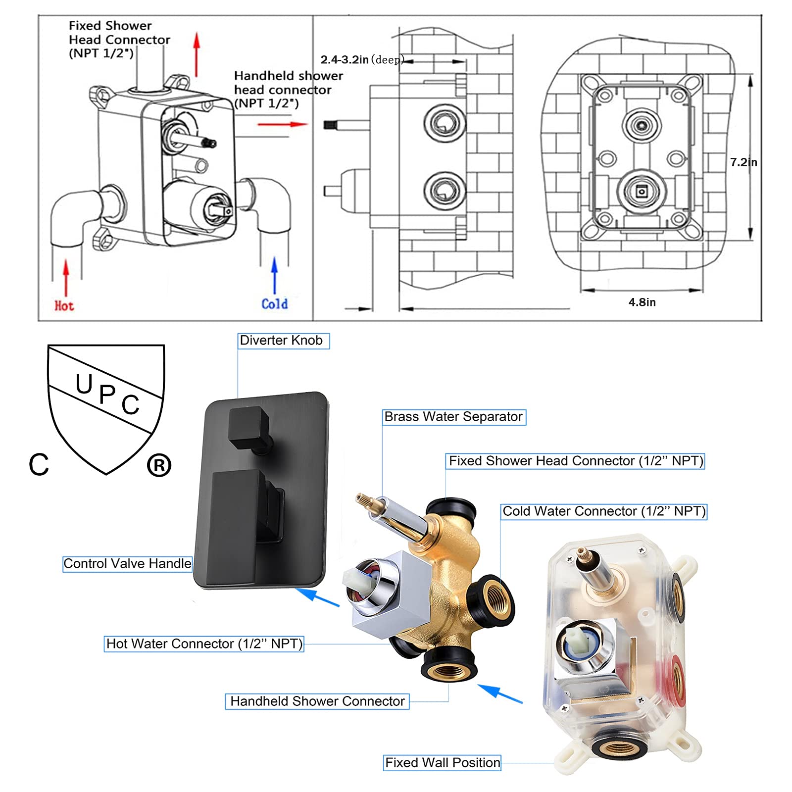 Suguword 12 Inch Rainfall Shower Faucet Set Luxury Rain Mixer Shower Combo Set LED Square Rain Shower Head Shower System Wall Mount with Brass Handheld Shower for Bathroom Matte Black