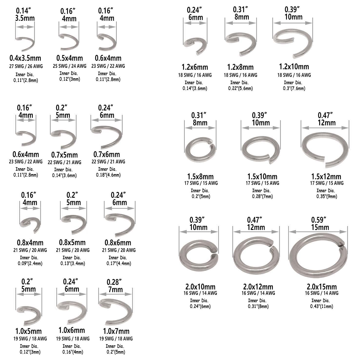250/1000/5000 Stück Biegeringe aus Edelstahl, 4 mm, 5 mm, 6 mm, 7 mm, 8 mm, 9 mm, 10 mm, 12 mm, 15 mm, runde, geteilte, geöffnete Metallringe – Packungsgröße: 5000 Stück, 1,5 x 12 mm