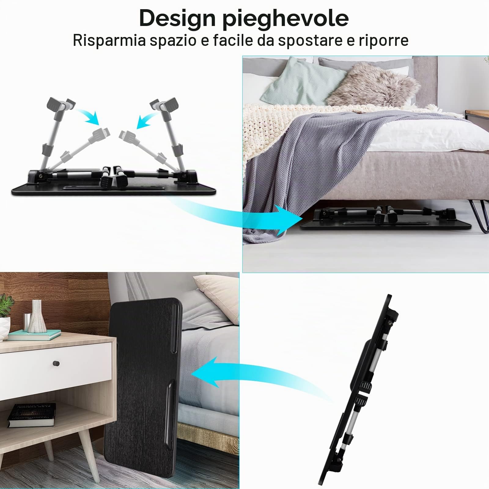 Tavolino da Letto, Regolabile in Altezza und Angolo, Tavolino Pieghevole con Cassettiera, Supporto per Tablet, Tavolini per Letto, Divano, Pavimento (60 x 34 cm, Nero)
