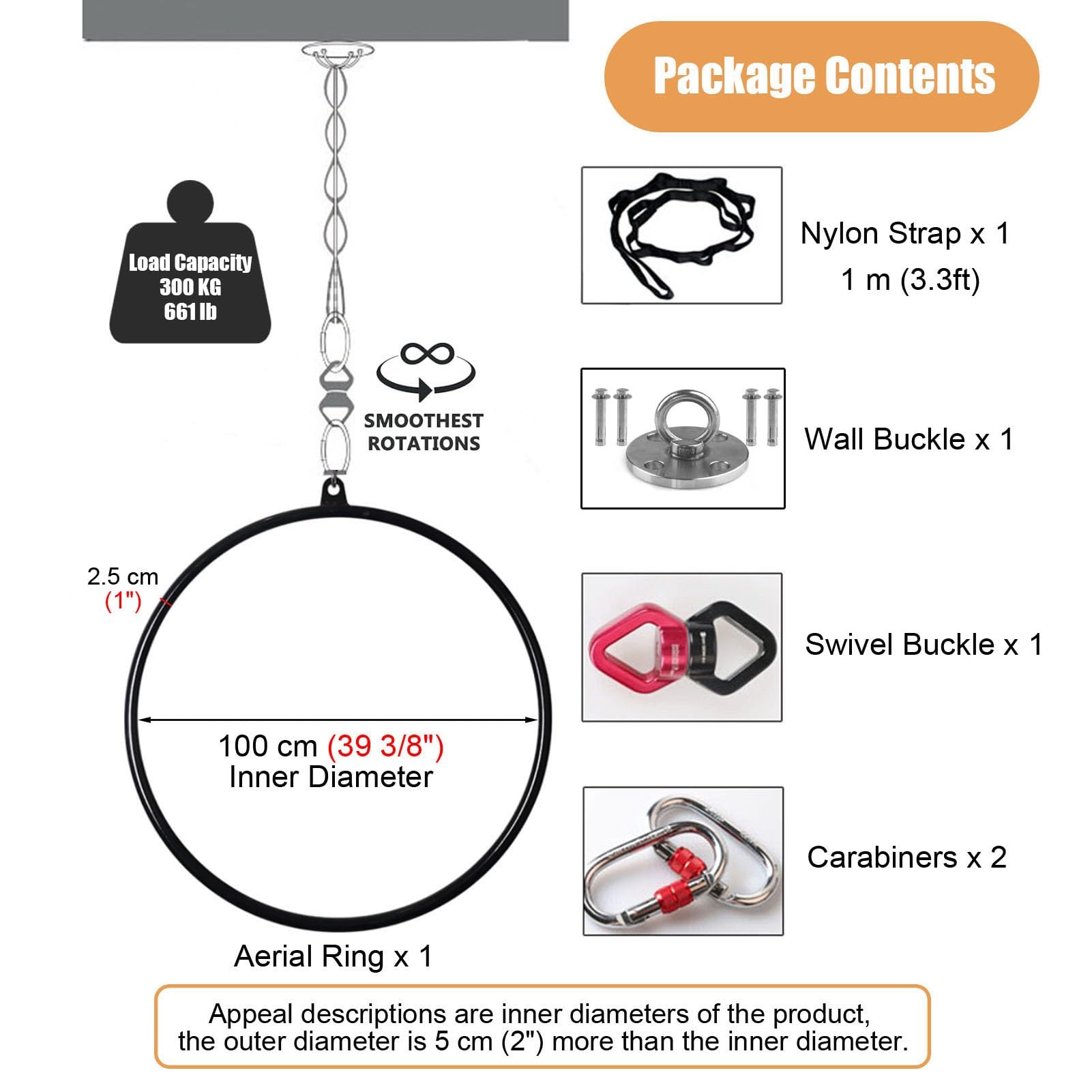 Kunovo Aerial Hoop Set Fully, Professional Metal Lyra Hoop, Aerial Yoga Ring with 1 Ceiling Anchor, 2 Locking Carabiners, 1 Swivel Buckle, 1 Nylon Strap (Size : 100 cm (39