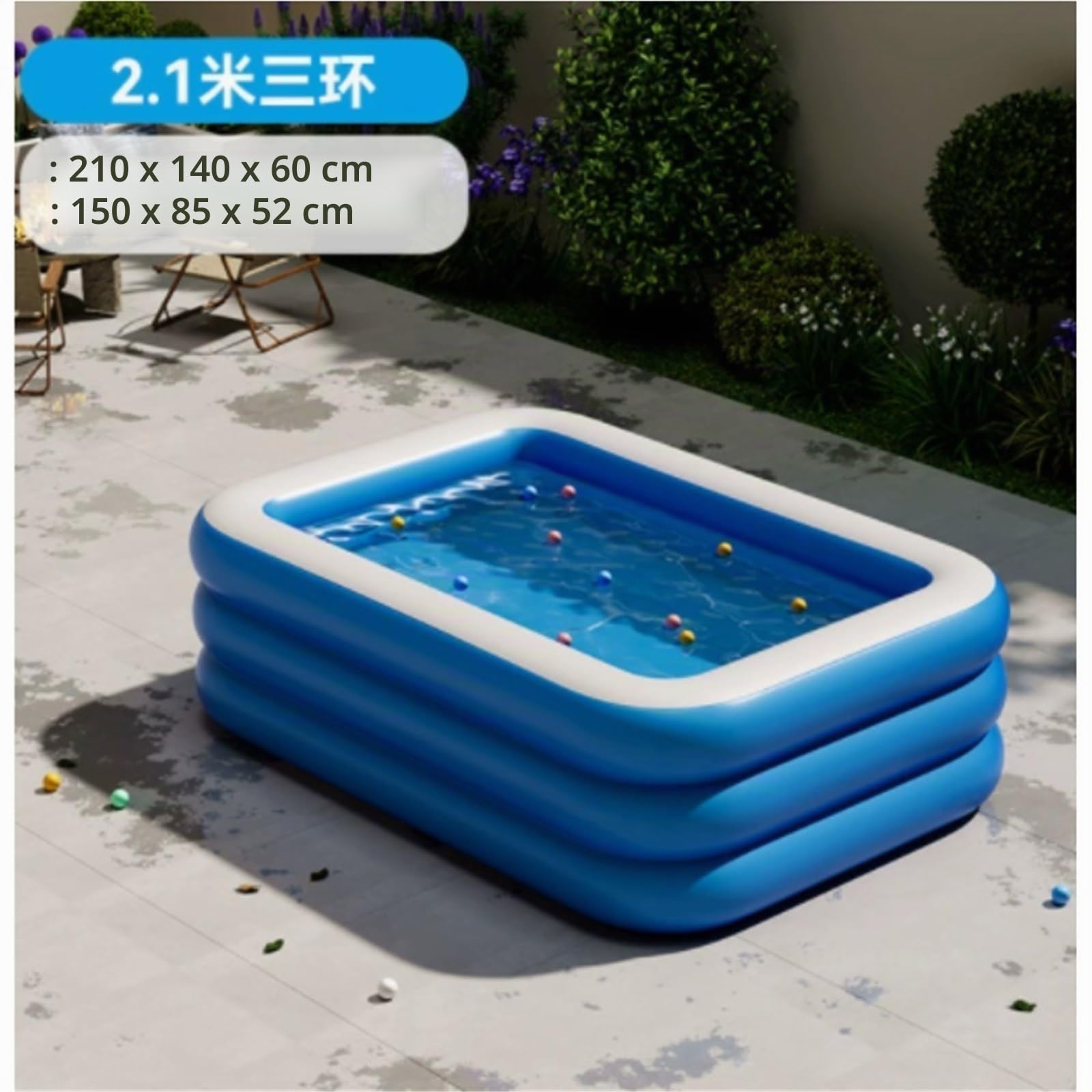Aufblasbarer Pool, quadratisch, für Familien mit einem Boden, erhöht und verdickt, mit drei Ringen, blau und weiß, große Schwimmbäder für zu Hause(L)