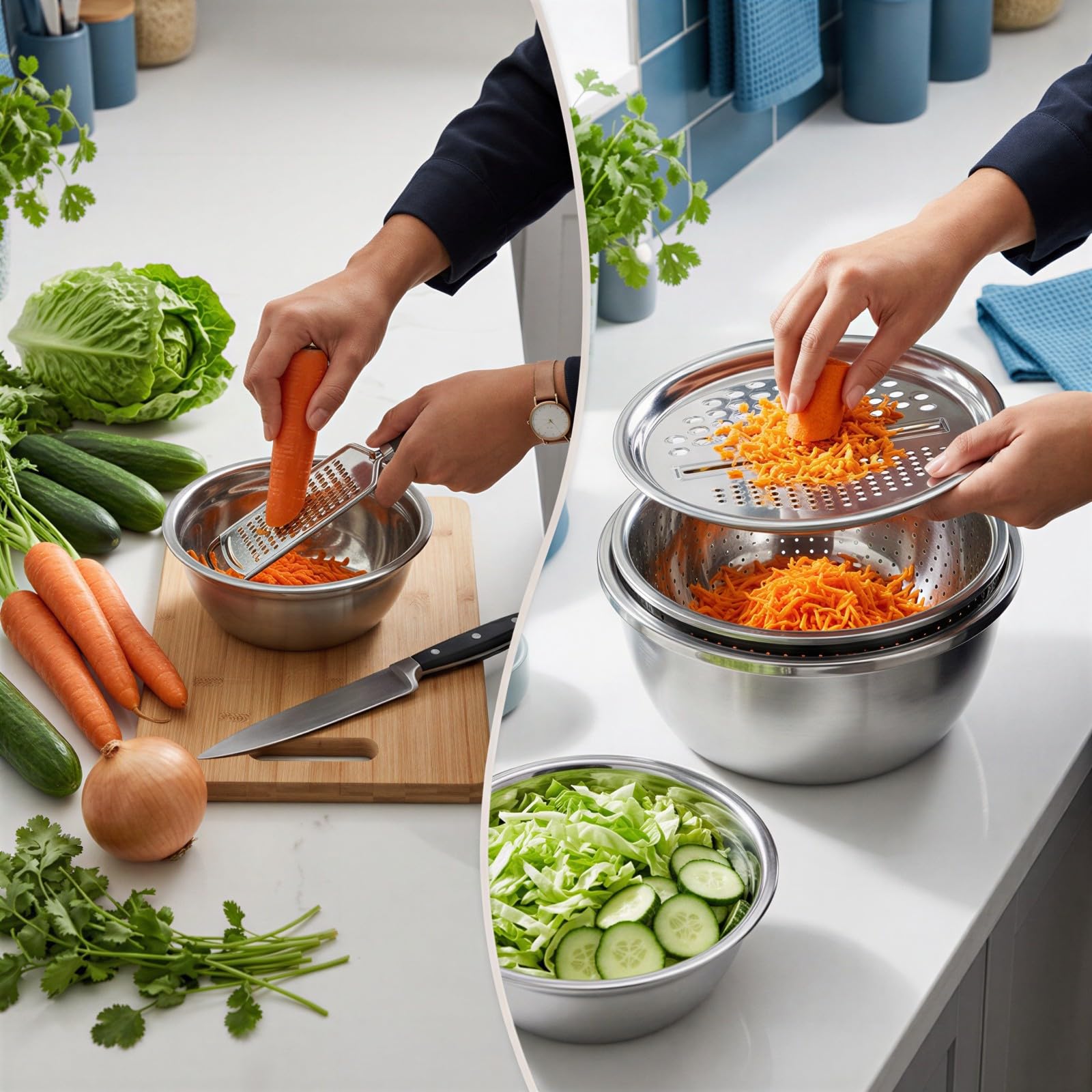 3-in-1 Edelstahl-Reibeset, 10,2 Zoll multifunktionales Küchen-Set aus Edelstahl mit Schneiddeckel, Abtropfsieb und Rührschüssel, stapelbar, spülmaschinengeeignet, zum Waschen und Abtropfen von Obst