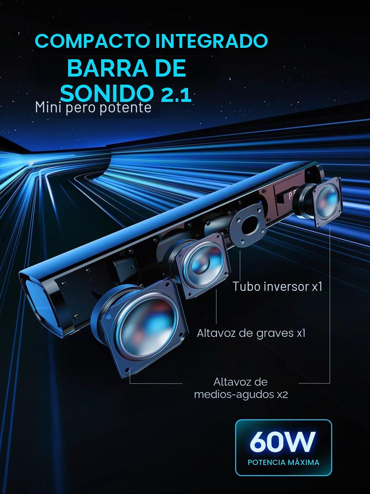 Barra de Sonido para Dispositivos de TV, PC, Gaming Mini 60 W, 2,1 Canales, Altavoz de subwoofer Integrado, Ordenador con USB Digital Audio/BT5.4/óptico/AUX Voice Enhance 3 EQ, Compatible con