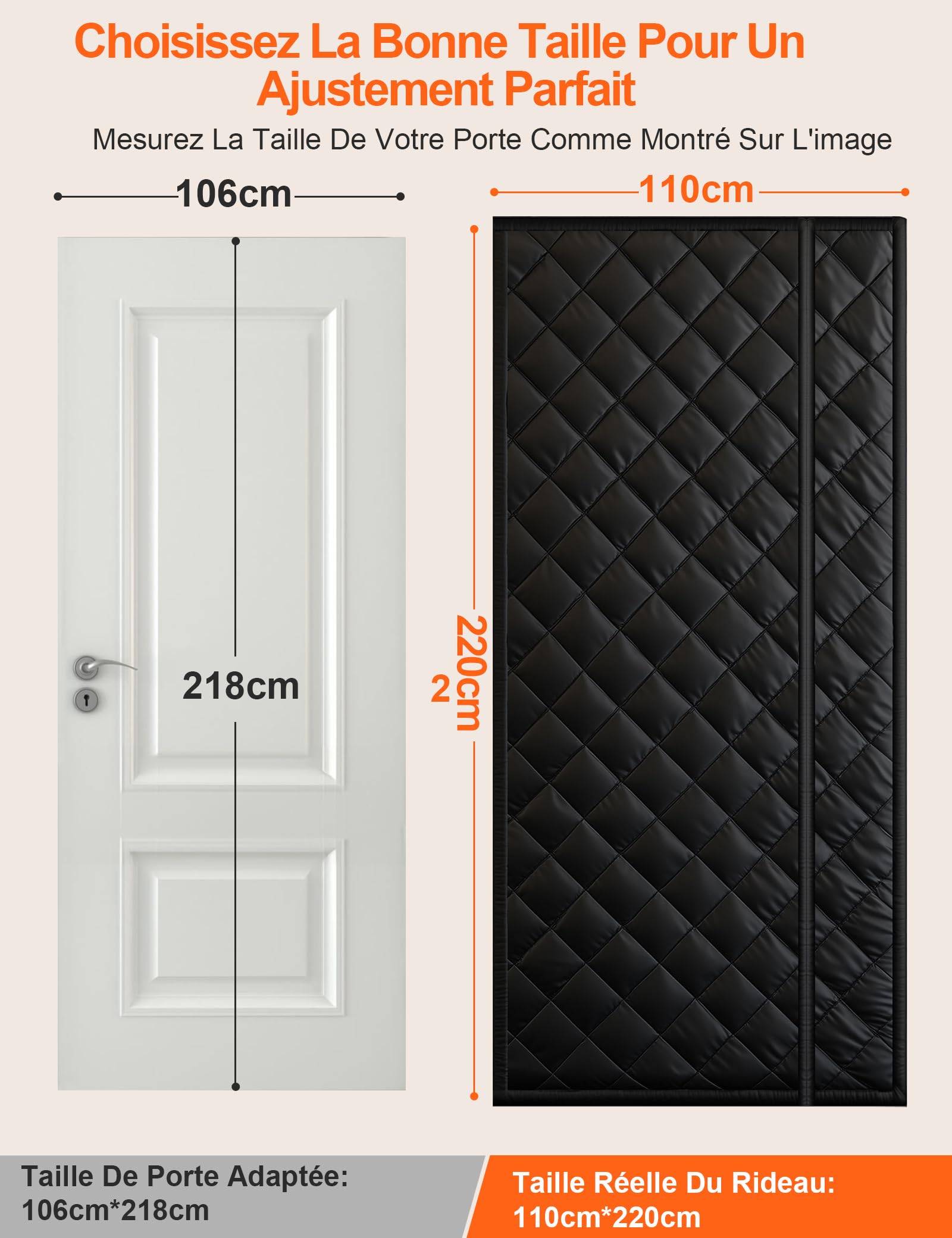 Rideau de Porte Isolant Thermique 110x220CM, Rideau Thermique Magnétique Isolant, Anti-froid et Coupe-Vent, Économe en Énergie, Sans Perçage, Adapté aux Animaux, Pour Chambre, Balcon, Noir