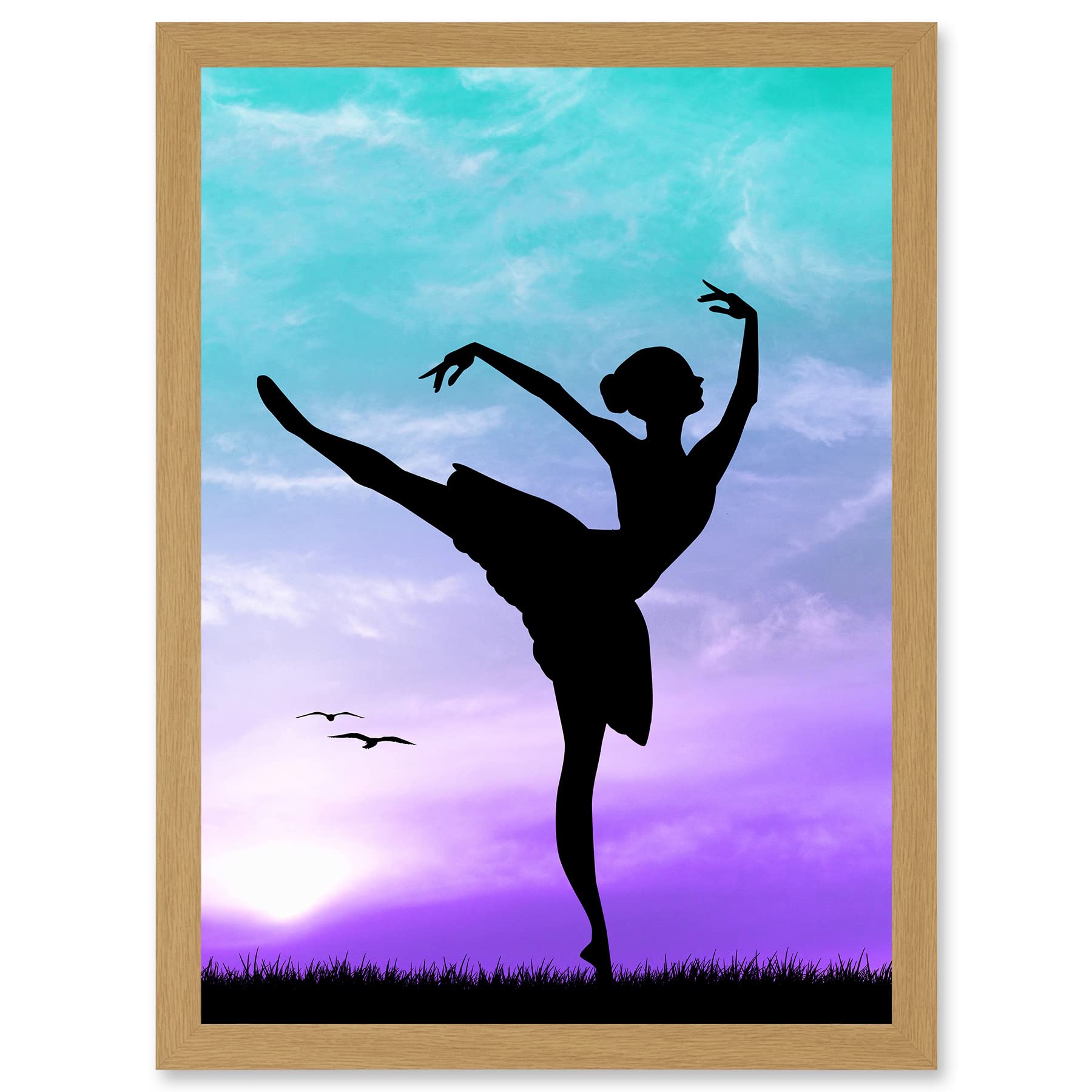 Artery8 Framed Wall Art Print - Silhouette Sunset Ballet Dancer Artwork - Light Oak Frame - A4 Size