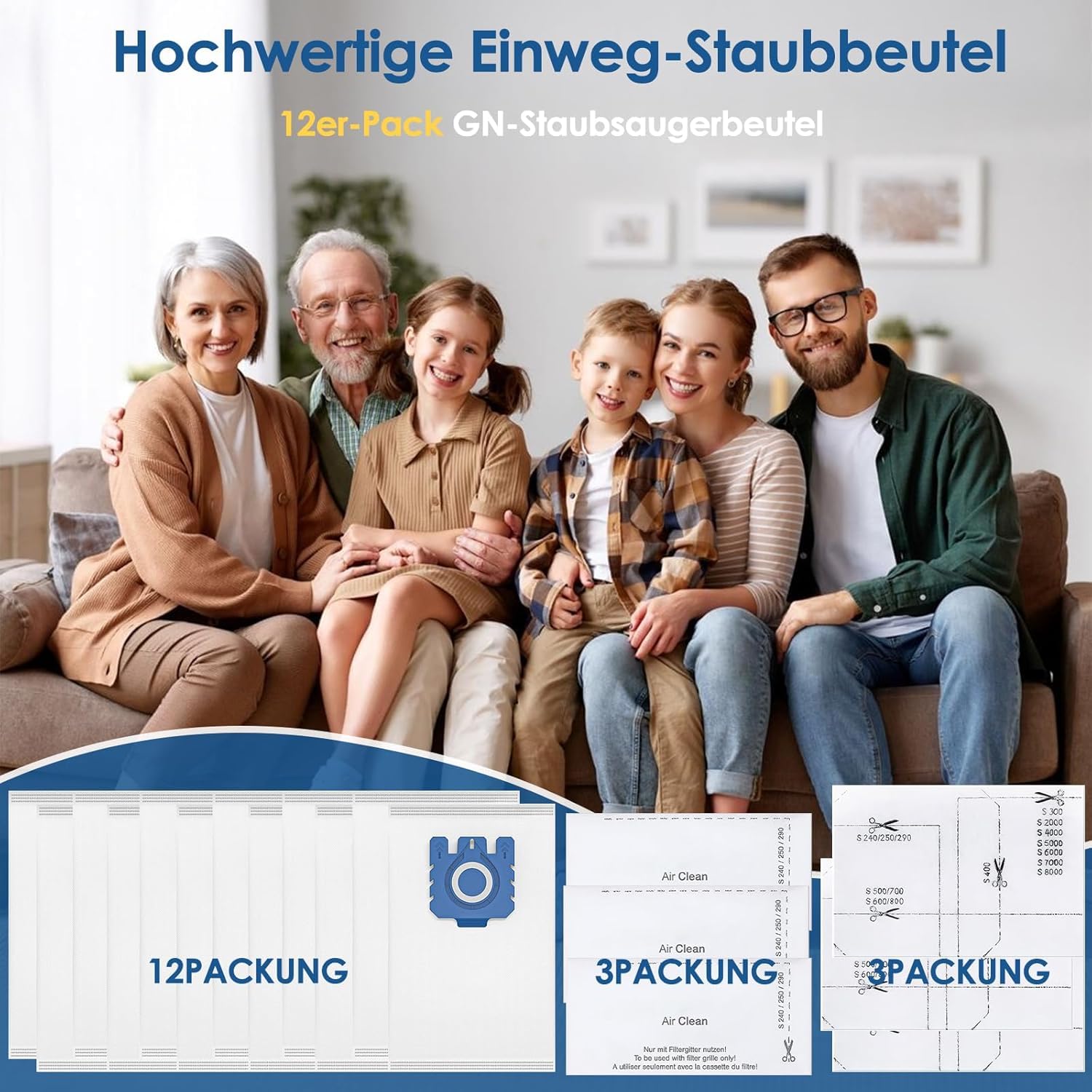 12 sztuk worków na kurz 3D Airclean kompatybilne z Miele Hoover GN Efficiency worki do odkurzacza Miele Complete C3 Complete C2 Classic C1 S2 S5 S8 S400 Series z 6 filtrami 9917730