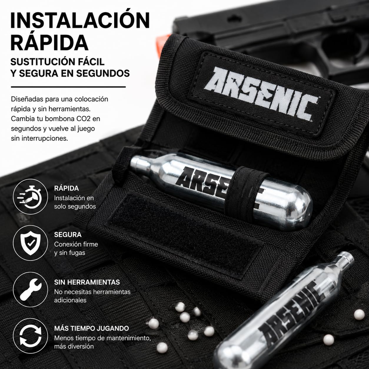 Bombonas CO2 12g Arsenic Plata para Airsoft y Pistolas de Balines, Cartuchos Gas Presurizado