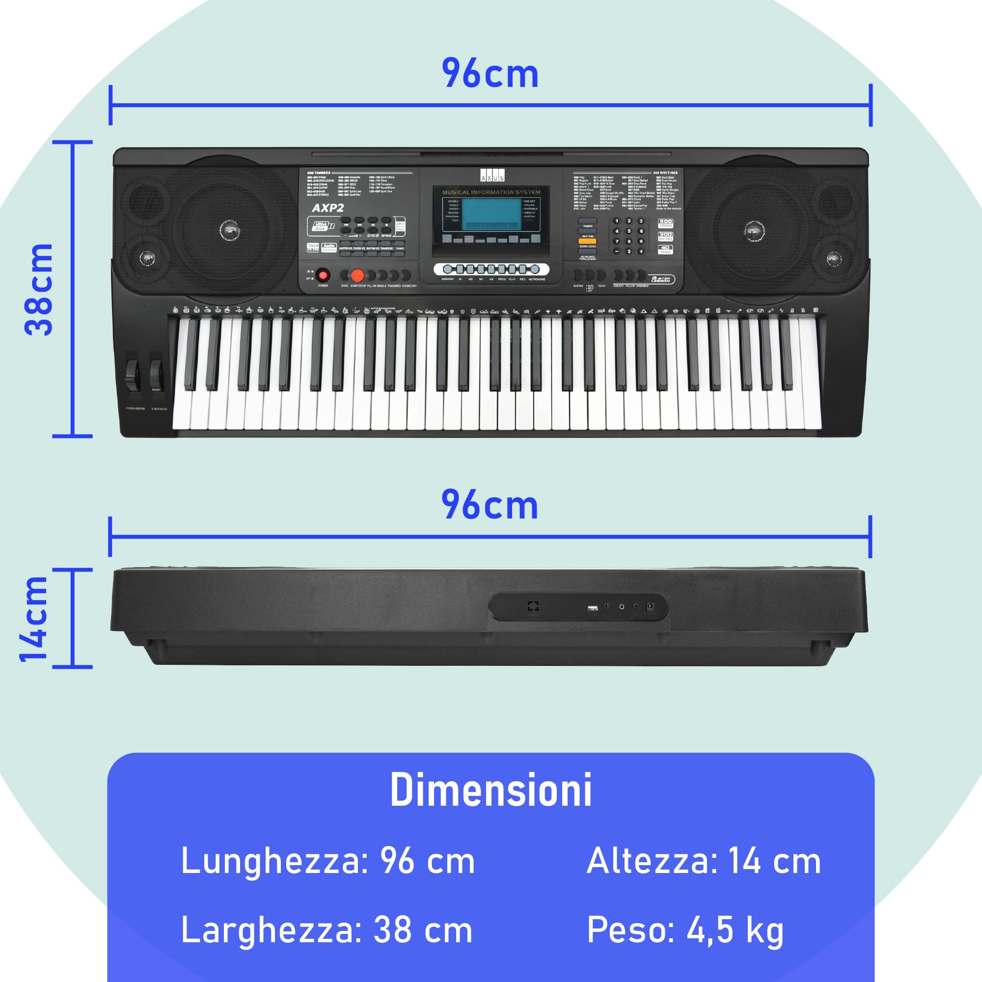 Axus AXP2PK Pacchetto Tastiera Elettronica Sensibile Al Tocco Per Principianti A 61 Tasti Per Studenti Con Supporto, Sgabello, Cuffie, Alimentatore E Leggio, Nero