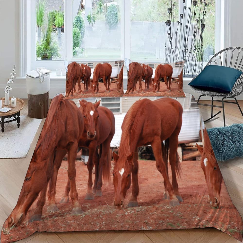 Funda Nordica Cama 180 Caballo Funda Edredon 260x240 Caballos 3D Fundas de Edredón Microfibra Suave Ropa de Cama de 3 Piezas con Cremallera y 2 Fundas de Almohada K-1295