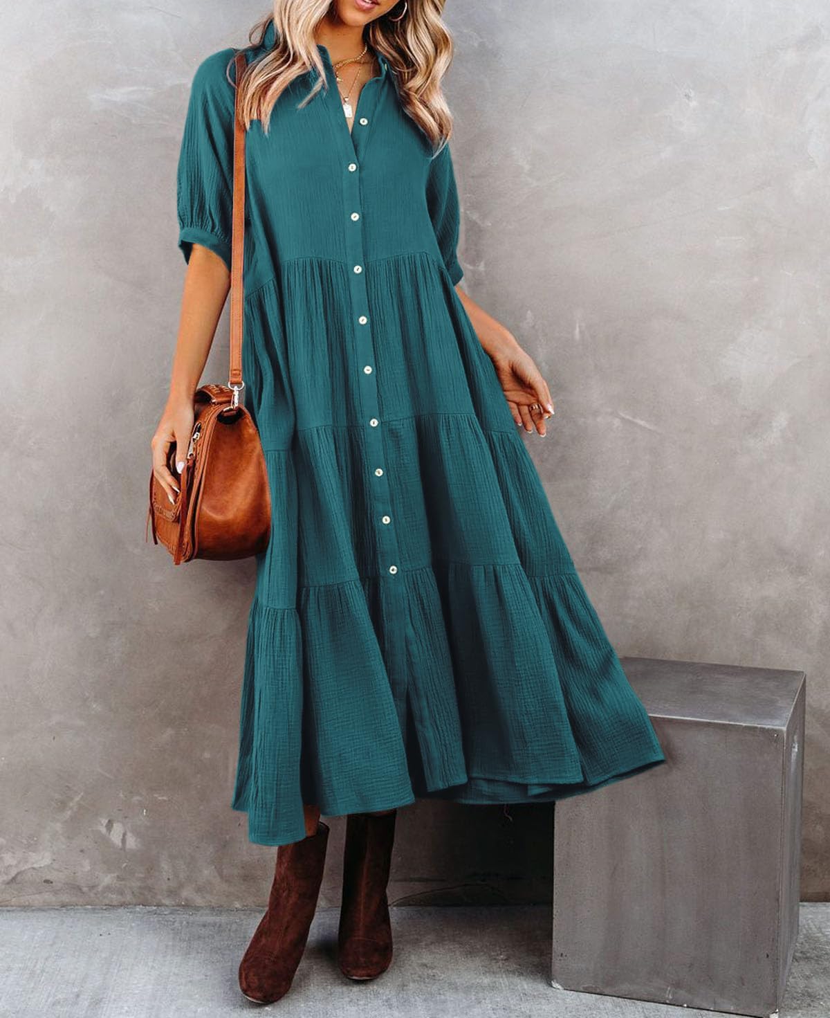 R.Vivimos Women's Summer Cotton Half Sleeves Button Down Casual Loose Slit Midi Dress with Pockets - Image 3