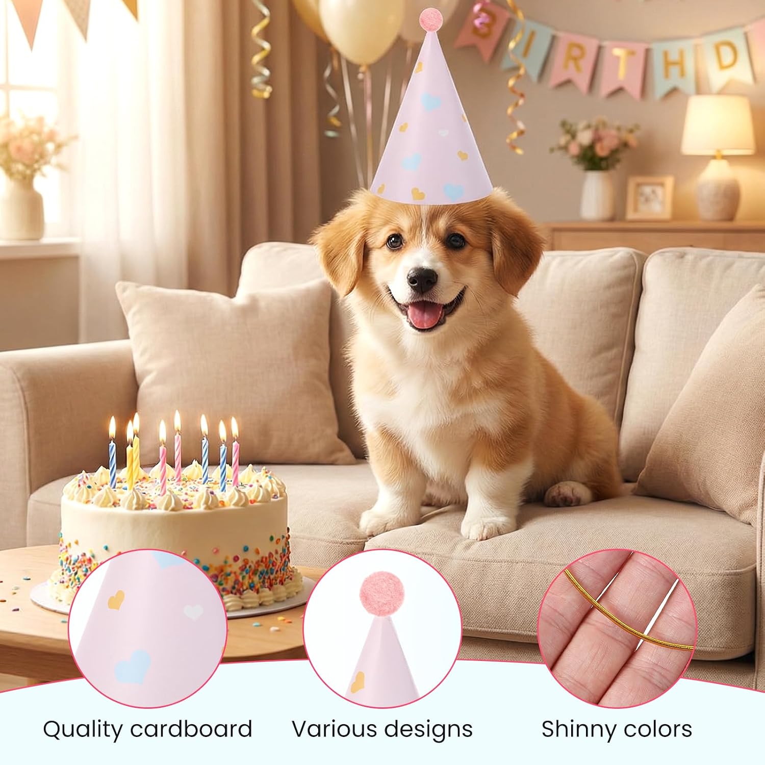 8 Pcs Birthday Hat for Dogs&Cat, Colorful Mini Party Hats with Pom Poms, Adjustable Mini Birthday Hats for Stuffed Animals Kittens Rabbits Small Animals, Photo Props (6.69×4.33 Inch