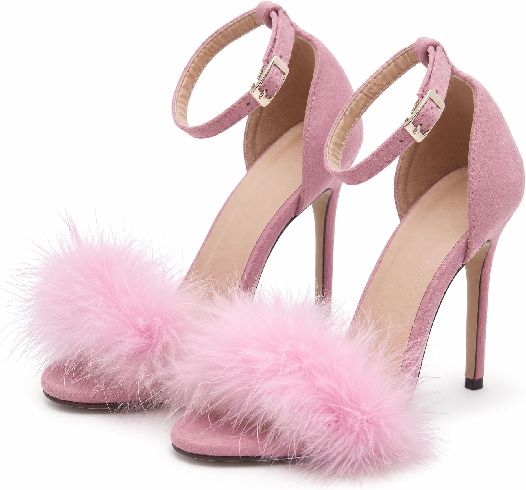 Women's Fur Feather Heels for Women Stiletto High Heels Open Toe Ankle Strap Party Dress Sandals Ankle Strap Stiletto Pump for Wedding Party Dance Evening