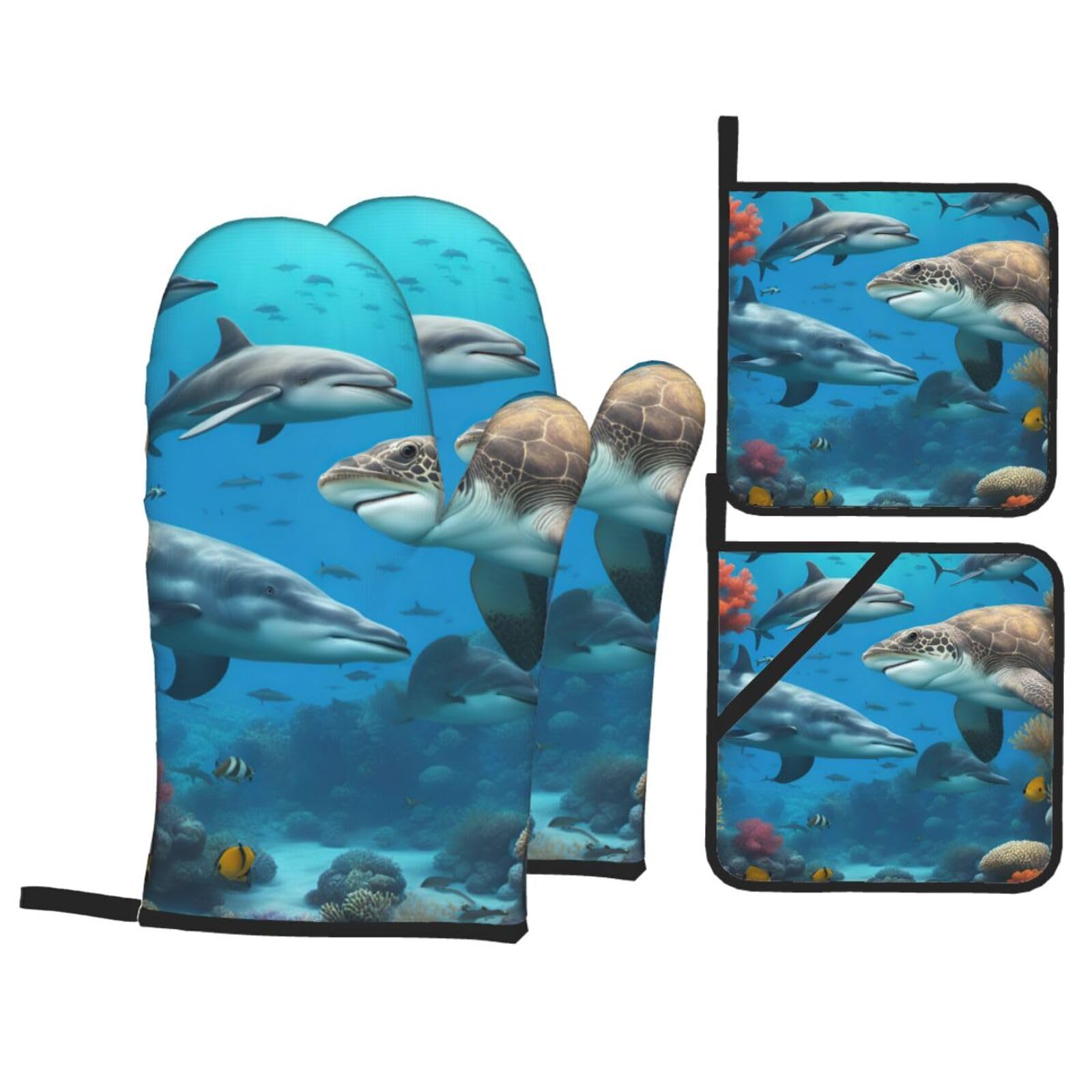 Dolphins Sea Turtle Shark Octopus Coral Reef Print 4-Piece Oven Microwaving Set Waterproof Kitchen Gloves for Baking Grilling Cooking